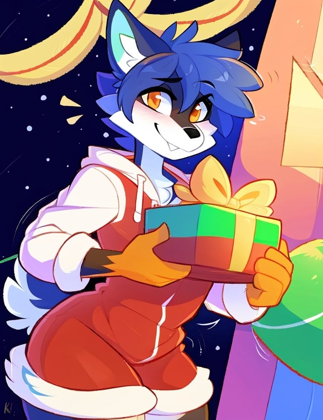 By Kilinah, Hioshiru, Furry, Michhiru Kagemori, Anthro, Solo, Full Body, Christmas party, boy, wholesome, handing out gifts, galaxy husky