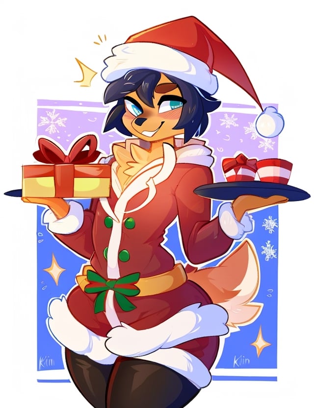 By Kilinah, Hioshiru, Furry, Michhiru Kagemori, Anthro, Solo, Full Body, Christmas party, boy, wholesome, handing out gifts