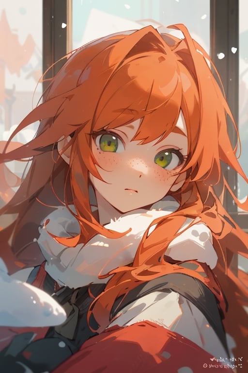 midjourney, beautiful, masterpiece, best quality, extremely detailed face, perfect lighting, best quality, ultra detailed, highly detailed, perfect face, 1 girl, orange hair, ginger, red head, short, cute girl in winter, (long smooth straight hair), staring out window into the snow, close up, freckles, green eyes, fox ears