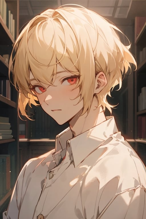 school clothing, library, midjourney, beautiful, masterpiece, best quality, extremely detailed face, perfect lighting, best quality, ultra detailed, highly detailed, perfect face, 1 boy, short hair, long bowl-cut style, side swept bangs, school boy, button up shirt, blonde, red_eyes