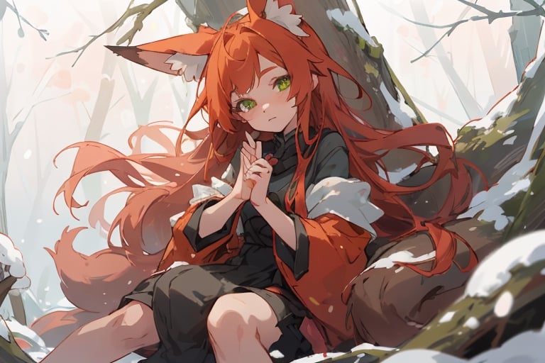 midjourney, beautiful, masterpiece, best quality, extremely detailed face, perfect lighting, best quality, ultra detailed, highly detailed, perfect face, 1 girl, orange hair, ginger, red head, short, cute girl in winter, (long smooth straight hair), falling_snow, snowy forest, freckles, green eyes, fox ears, sitting in tree, detailed fingers, well drawn fingers, fox tail