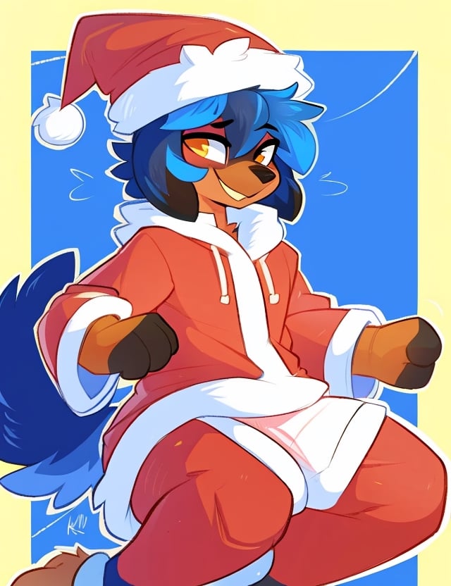 By Kilinah, Hioshiru, Furry, Michhiru Kagemori, Anthro, Solo, Full Body, Christmas party, wholesome, dachshund