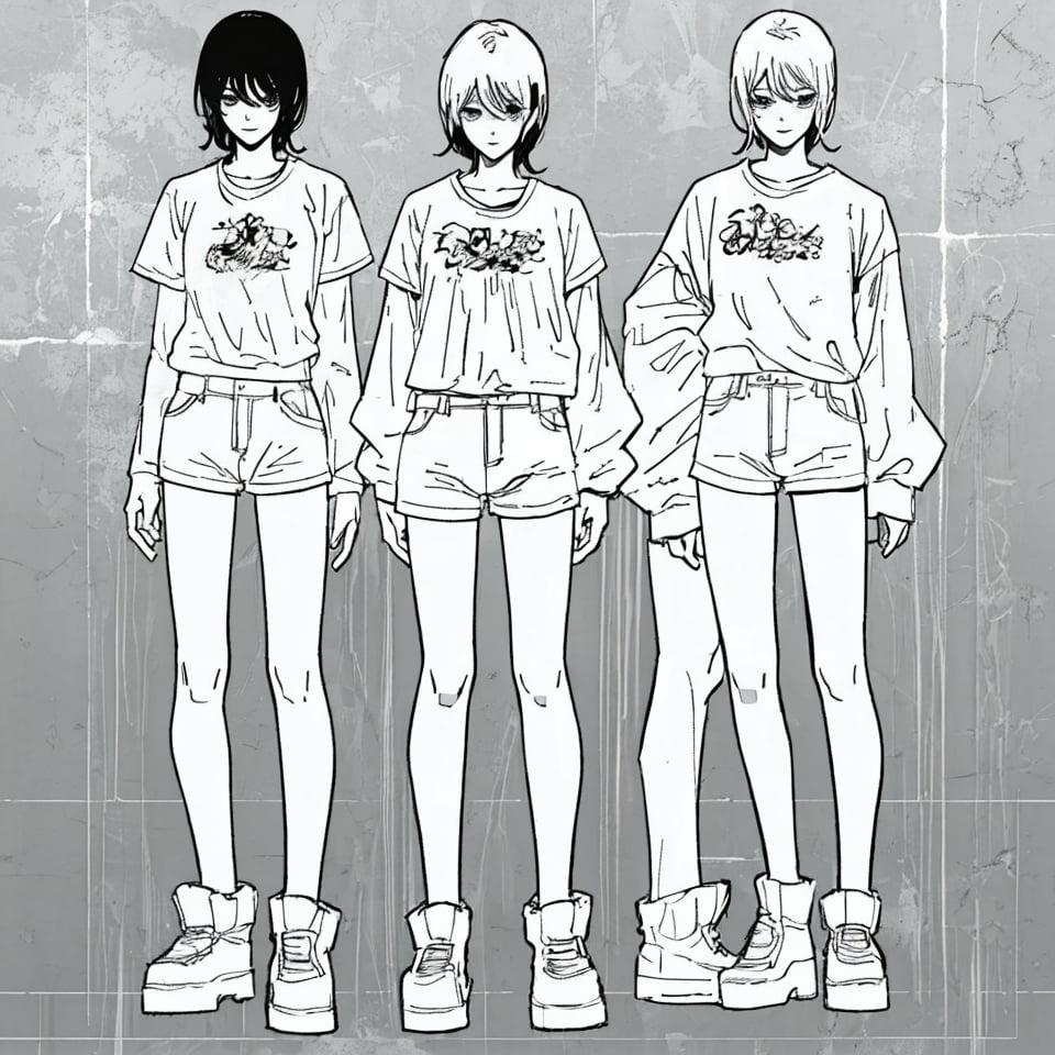 A 45yr anime girl wearing tshirt and shorts standing pose full body image highly detailed body manga style black and white 2d image.