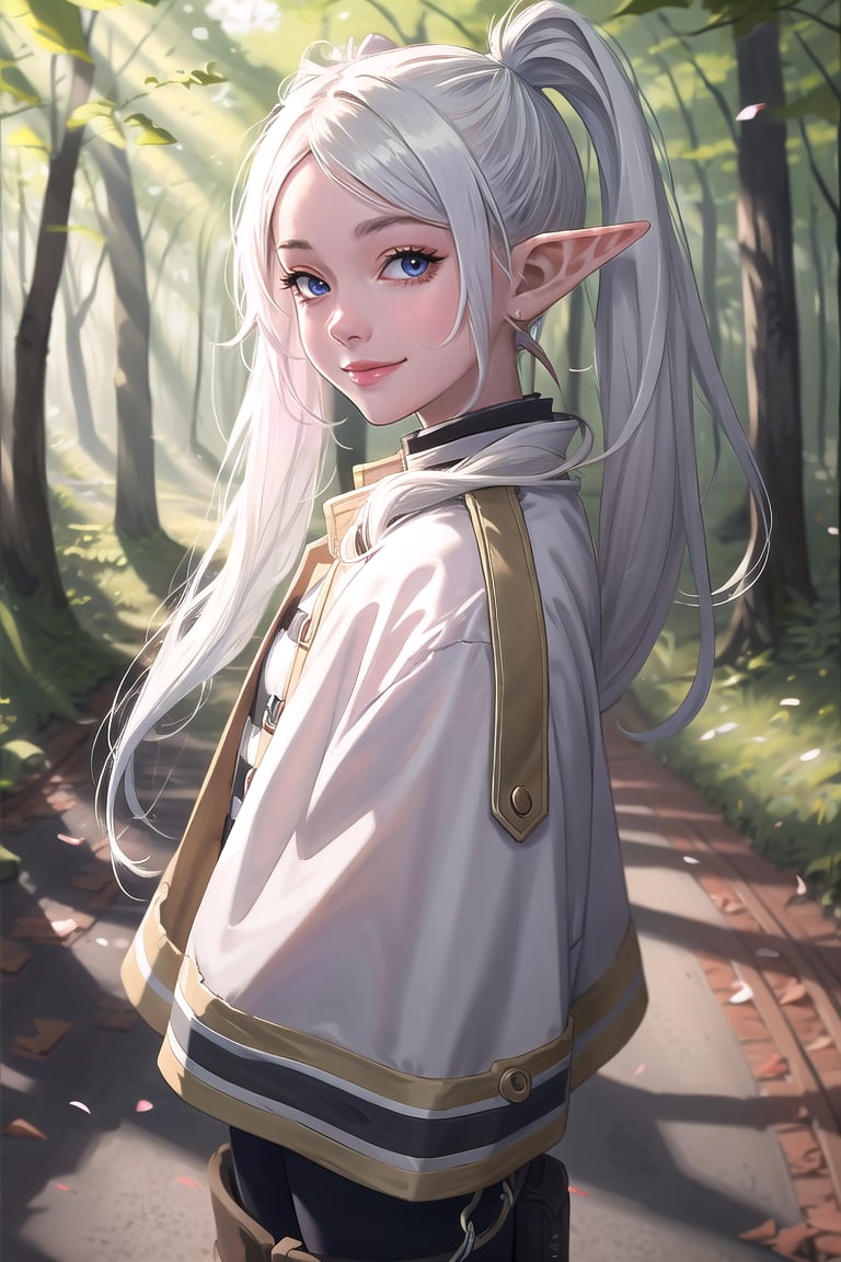 (masterpiece, best quality, ultra-detailed, 8K), Frieren full body shot, ((front shot)), (smiling and looking at you), ((((twintail white hair)))), large eyes, elven pointy ears, in frame, cinematic lighting, forest background, physiologically correct body, digital art, digital illustration, 350mm telephoto, shallow depth of field, out of focus background, ultra-realistic rendering, realistic rendering, Unreal Engine, intricate detail, (noise removed), ((correct five fingers))