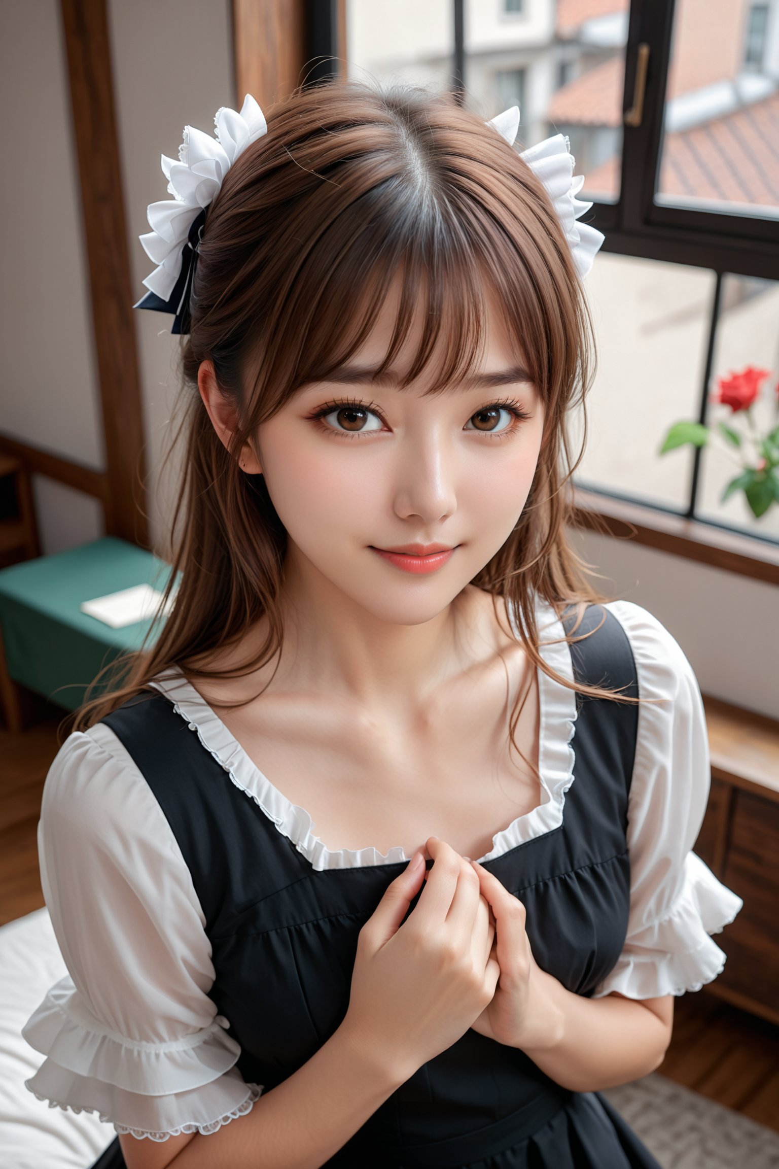 (Highest quality, 8k, 32k, raw photo, photorealistic, UHD:1.2), cute schoolgirl, bird's-eye view, seductive minimalist illustration, black frilly dress with wide sleeves, making a heart with both hands in front of her chest, (mischievous smile), head tilted slightly, delicately drawn face at a 45 degree angle in the center, (long chestnut hair), high bangs, eyes looking up with chin tucked in, light brown eyes, highlights in pupils, plump cheeks and lips, beautiful skin, small face, all this drawn with a fragile and delicate dutch, physiologically correct body, digital art, digital illustration, 350mm telephoto, shallow depth of field, out of focus background, ultra-realistic rendering, realistic rendering, Unreal Engine, exquisite details, (denoised), ((correct 5 fingers))