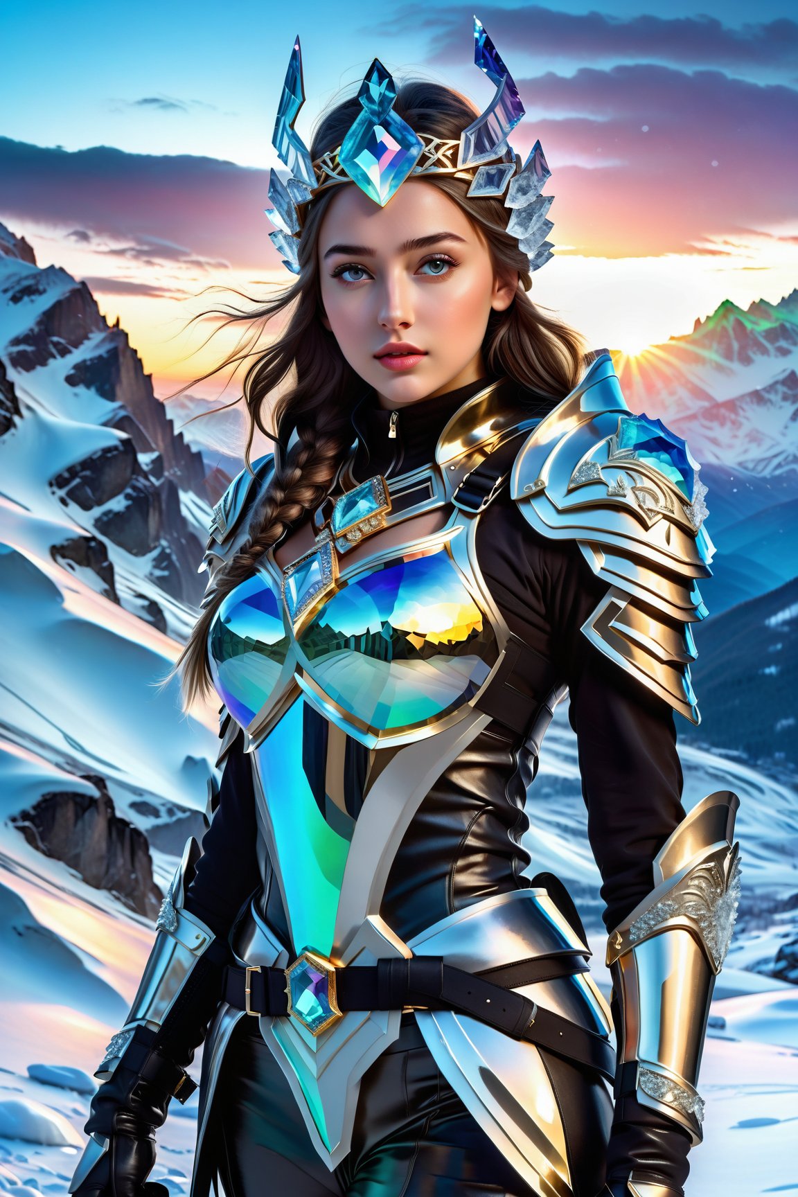 Beautiful 16 year old Ukrainian girl, with big eyes and young face, (Full body shot) , Ice soldier, wearing ice headgear on her head, crystal-like ice armor and carrying ice sword on her back, high resolution photorealistic rendering, snow and aurora night on the mountains, ice effect, fluid and organic shapes, metal, marble, iridescent glass, precious diamonds, black and white details, gold, chaotic Swarovski, inspired by Zaha Hadid style, gold iridescent, black and white details,concept art