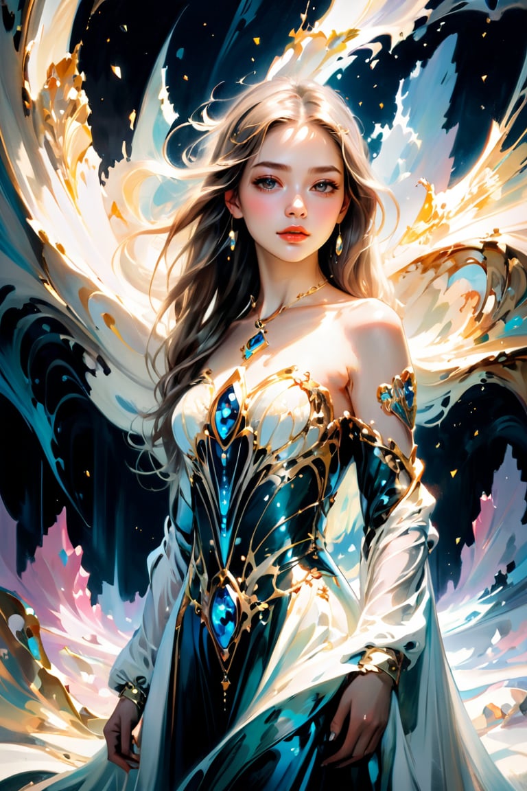  Create artwork of a beautiful 16 year old half Ukrainian and half Japanese girl, large eyes, young face, ((full body shot)) hair with golden ornaments, long flowing hair intertwined with blue ice, figure dressed in harmony with the icy world. High-resolution photorealistic rendering of a long dress. The mountains have snow and aurora borealis night, icy effects, fluid and organic shapes, inspired by metal, marble, iridescent glass, precious diamonds, black and white details, gold, chaotic Swarovski, Zaha Hadid style. The design is inspired by the main stage of Tomorrowland 2022 and features very realistic art deco detailing and iridescence of high image complexity.,painted world,cinematic style,KA