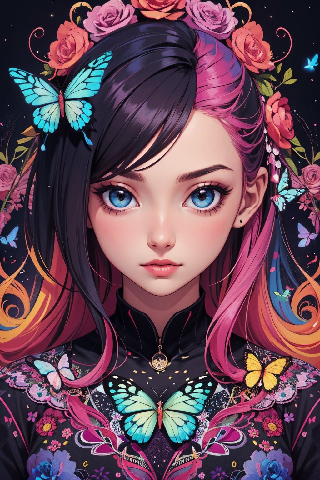 masterpiece, best quality, official art, aesthetic, 1girl, detailed background, isometric, psychedelia art, flower, colorful butterflies,fractal art,
