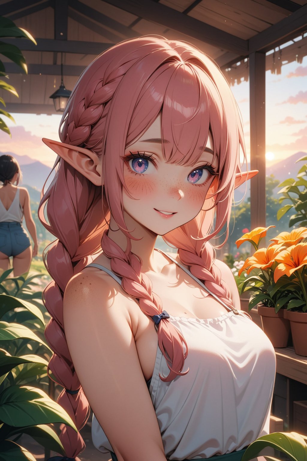selfie, (masterpiece), best quality, high resolution, highly detailed, detailed background, smile | (masterpiece, best quality, ultra-detailed, 8K),((3 girls)),(picture-perfect face,freckles,blush,(elf), (multicolored hair,pink/platinumblonde hair),braids,,makeup, summer, gardener, plant seller, garden center, clothes gardener, beautifully detailed | sunset, ambient lighting,Dreamyvibes Artstyle