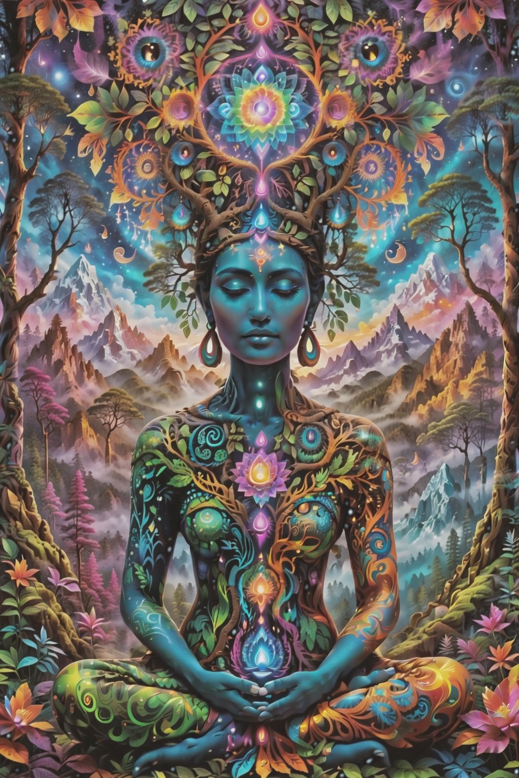 this person sits in a forest and transcends their ego mind and opens up to the spirit realm surrounding them. human in meditation, fractals, vivid color, 
"Visionary art is art that purports to transcend the physical world and portray a wider vision of awareness including spiritual or mystical themes, or is based in such experiences." , psychedelic visionary art ,animal spirits, ,spirits,spirit guides, , . Shamanic visions , ayahuasca visions . Spirit realm, metaphysical realm, esoteric,style, full body human,medium shot, perfect anatomy , psychedelic landscape surrounding the person , (masterpiece, best quality, ultra-detailed), (perfect hands, perfect anatomy), High detailed, detailed background, anatomically correct, beautiful face, detailed hands, perfect eyes, expressive eyes, score_9, score_8_up, score_7_up, best quality, masterpiece, 4k,visionary art,ULTIMATE LOGO MAKER [XL],bl4ckl1ghtxl