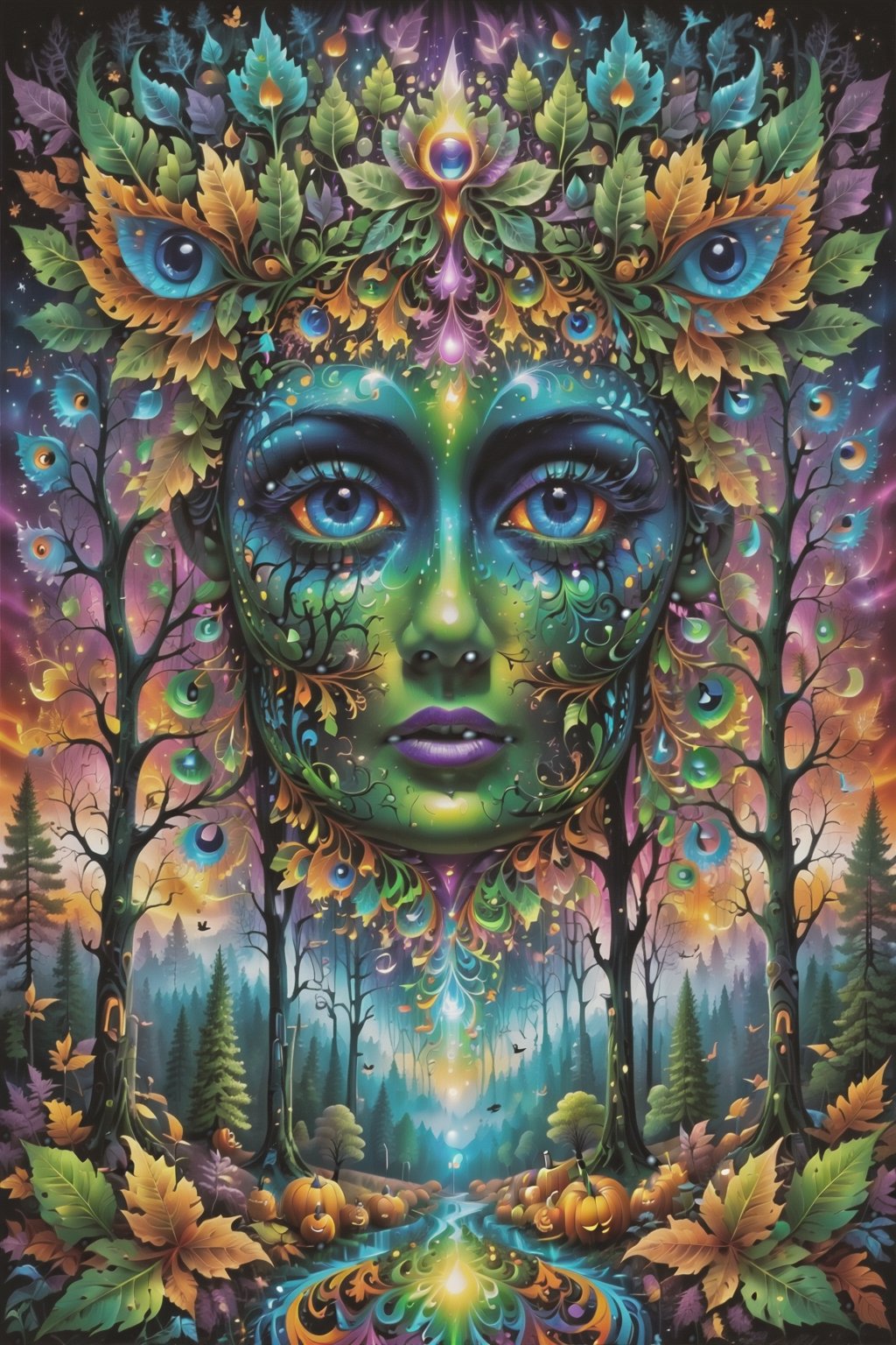 a forest of transcendence that opens up to the surroundings breaking down physical reality into the spirit realm . , fractals, vivid color, 
 . Spirit realm, metaphysical realm, esoteric,style , psychedelic landscape  , (masterpiece, best quality, ultra-detailed),, High detailed, detailed background, anatomically correct, , score_9, score_8_up, score_7_up, best quality, masterpiece, 4k,visionary art,ULTIMATE LOGO MAKER [XL],bl4ckl1ghtxl,dd4ught3r,Halloween