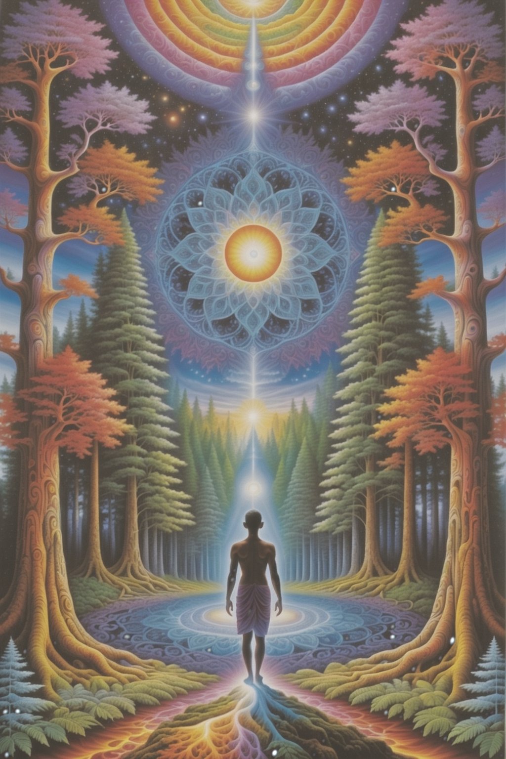 a forest of transcendence that opens up to the spirit realm surrounding breaking down physical reality into the spirit realm . , fractals, vivid color, 
"Visionary art is art that purports to transcend the physical world and portray a wider vision of awareness including spiritual or mystical themes, or is based in such experiences." , psychedelic visionary art ,animal spirits, ,spirits,spirit guides, , . Shamanic visions , ayahuasca visions . Spirit realm, metaphysical realm, esoteric,style, ,medium shot, perfect anatomy , psychedelic landscape surrounding the person , (masterpiece, best quality, ultra-detailed), (perfect hands, perfect anatomy), High detailed, detailed background, anatomically correct, beautiful face, detailed hands, perfect eyes, expressive eyes, score_9, score_8_up, score_7_up, best quality, masterpiece, 4k,visionary art,ULTIMATE LOGO MAKER [XL],bl4ckl1ghtxl