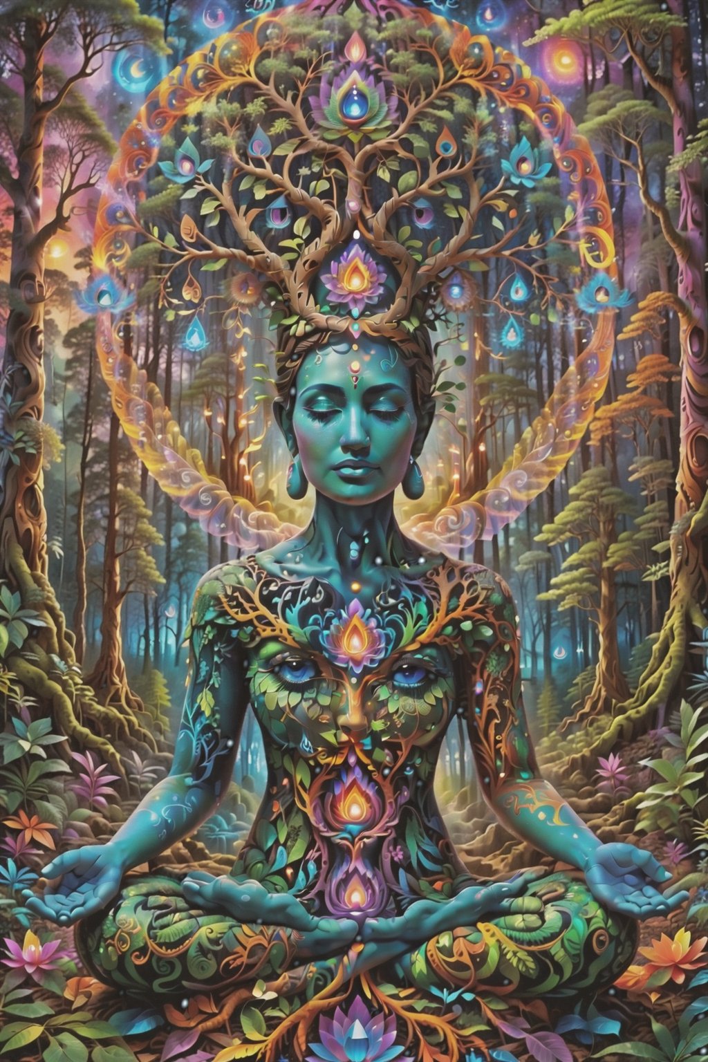 this person sits in a forest and transcends their ego mind and opens up to the spirit realm surrounding them. human in meditation, fractals, vivid color, 
"Visionary art is art that purports to transcend the physical world and portray a wider vision of awareness including spiritual or mystical themes, or is based in such experiences." , psychedelic visionary art ,animal spirits, ,spirits,spirit guides, , . Shamanic visions , ayahuasca visions . Spirit realm, metaphysical realm, esoteric,style, full body human,medium shot, perfect anatomy , psychedelic landscape surrounding the person , (masterpiece, best quality, ultra-detailed), (perfect hands, perfect anatomy), High detailed, detailed background, anatomically correct, beautiful face, detailed hands, perfect eyes, expressive eyes, score_9, score_8_up, score_7_up, best quality, masterpiece, 4k,visionary art,ULTIMATE LOGO MAKER [XL],bl4ckl1ghtxl