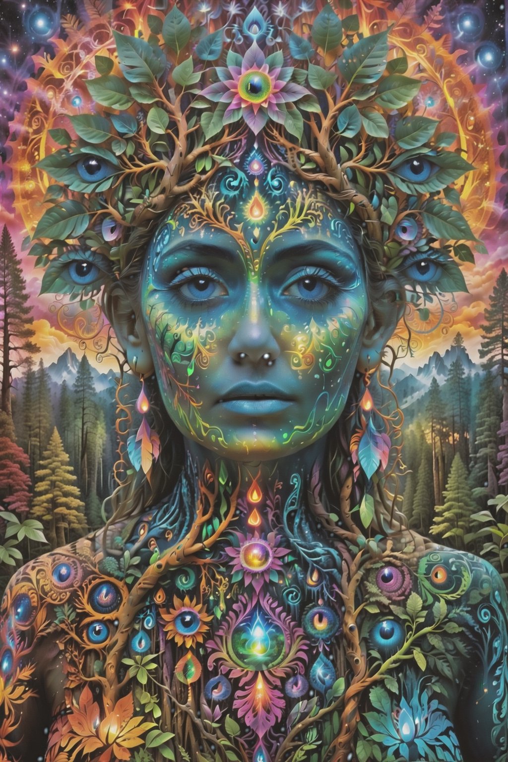 a forest of transcendence that opens up to the spirit realm surrounding breaking down physical reality into the spirit realm . , fractals, vivid color, 
"Visionary art is art that purports to transcend the physical world and portray a wider vision of awareness including spiritual or mystical themes, or is based in such experiences." , psychedelic visionary art ,animal spirits, ,spirits,spirit guides, , . Shamanic visions , ayahuasca visions . Spirit realm, metaphysical realm, esoteric,style, ,medium shot, perfect anatomy , psychedelic landscape surrounding the person , (masterpiece, best quality, ultra-detailed), (perfect hands, perfect anatomy), High detailed, detailed background, anatomically correct, beautiful face, detailed hands, perfect eyes, expressive eyes, score_9, score_8_up, score_7_up, best quality, masterpiece, 4k,visionary art,ULTIMATE LOGO MAKER [XL],bl4ckl1ghtxl