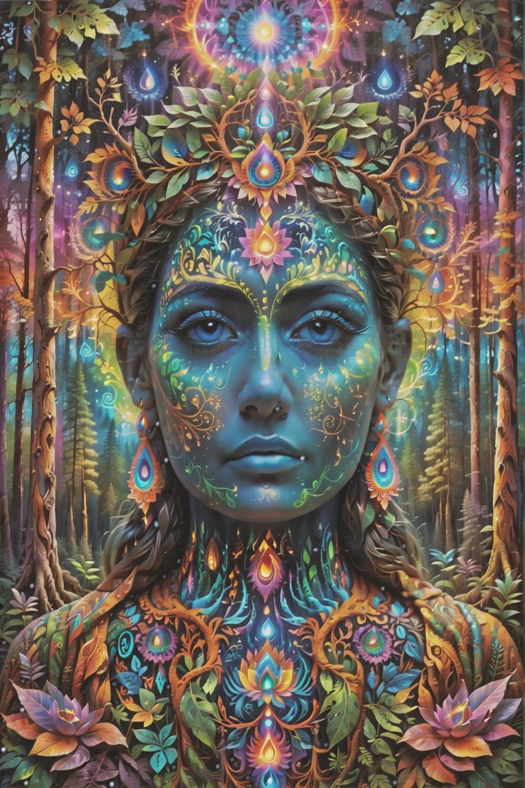 this person sits in a forest and transcends their ego mind and opens up to the spirit realm surrounding them. human in meditation, fractals, vivid color, 
"Visionary art is art that purports to transcend the physical world and portray a wider vision of awareness including spiritual or mystical themes, or is based in such experiences." , psychedelic visionary art ,animal spirits, ,spirits,spirit guides, , . Shamanic visions , ayahuasca visions . Spirit realm, metaphysical realm, esoteric,style, full body human,medium shot, perfect anatomy , psychedelic landscape surrounding the person , (masterpiece, best quality, ultra-detailed), (perfect hands, perfect anatomy), High detailed, detailed background, anatomically correct, beautiful face, detailed hands, perfect eyes, expressive eyes, score_9, score_8_up, score_7_up, best quality, masterpiece, 4k,visionary art,ULTIMATE LOGO MAKER [XL],bl4ckl1ghtxl