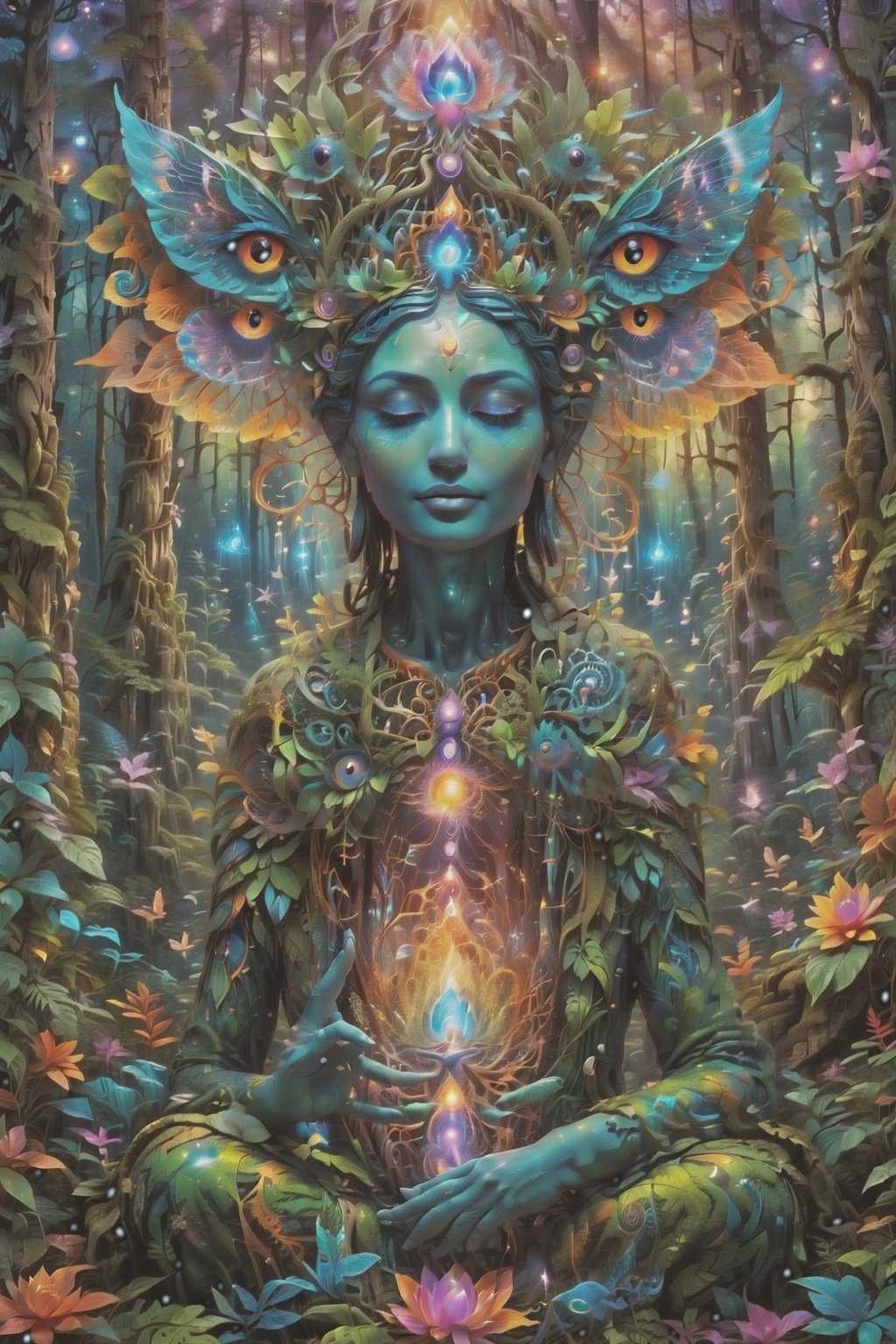 this person sits in a forest and transcends their ego mind and opens up to the spirit realm surrounding them. human in meditation, fractals, vivid color, 
"Visionary art is art that purports to transcend the physical world and portray a wider vision of awareness including spiritual or mystical themes, or is based in such experiences." , psychedelic visionary art ,animal spirits, ,spirits,spirit guides, , . Shamanic visions , ayahuasca visions . Spirit realm, metaphysical realm, esoteric,style, full body human,medium shot, perfect anatomy , psychedelic landscape surrounding the person , (masterpiece, best quality, ultra-detailed), (perfect hands, perfect anatomy), High detailed, detailed background, anatomically correct, beautiful face, detailed hands, perfect eyes, expressive eyes, score_9, score_8_up, score_7_up, best quality, masterpiece, 4k,visionary art,DonMSn0wM4g1cXL,ULTIMATE LOGO MAKER [XL],bl4ckl1ghtxl