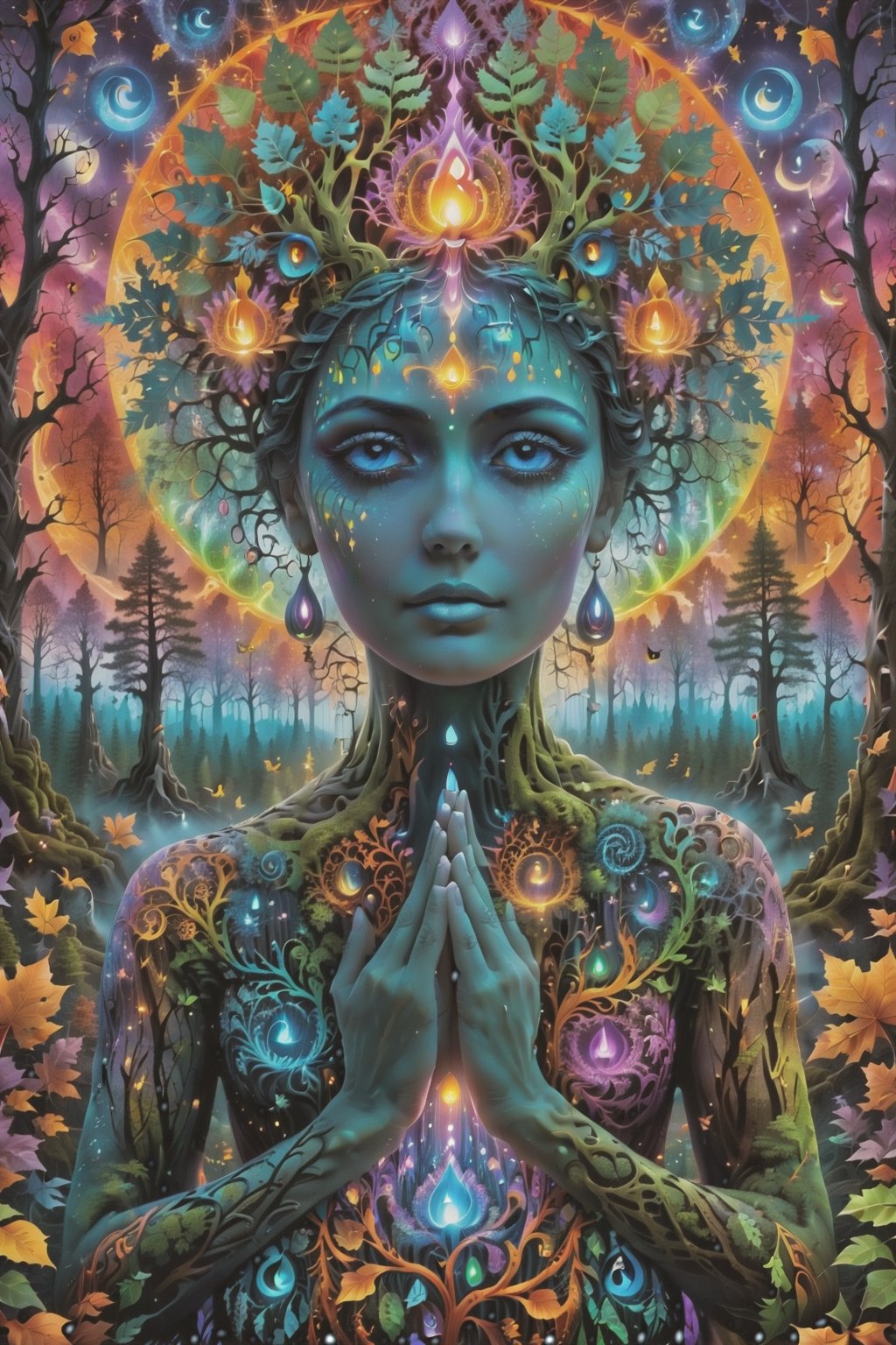 a forest of transcendence that opens up to the spirit realm surrounding breaking down physical reality into the spirit realm . human in meditation, fractals, vivid color, 
 . Spirit realm, metaphysical realm, esoteric,style , psychedelic landscape  , (masterpiece, best quality, ultra-detailed), (perfect hands, perfect anatomy), High detailed, detailed background, anatomically correct, beautiful face, detailed hands, perfect eyes, expressive eyes, score_9, score_8_up, score_7_up, best quality, masterpiece, 4k,visionary art,ULTIMATE LOGO MAKER [XL],bl4ckl1ghtxl,dd4ught3r,Halloween