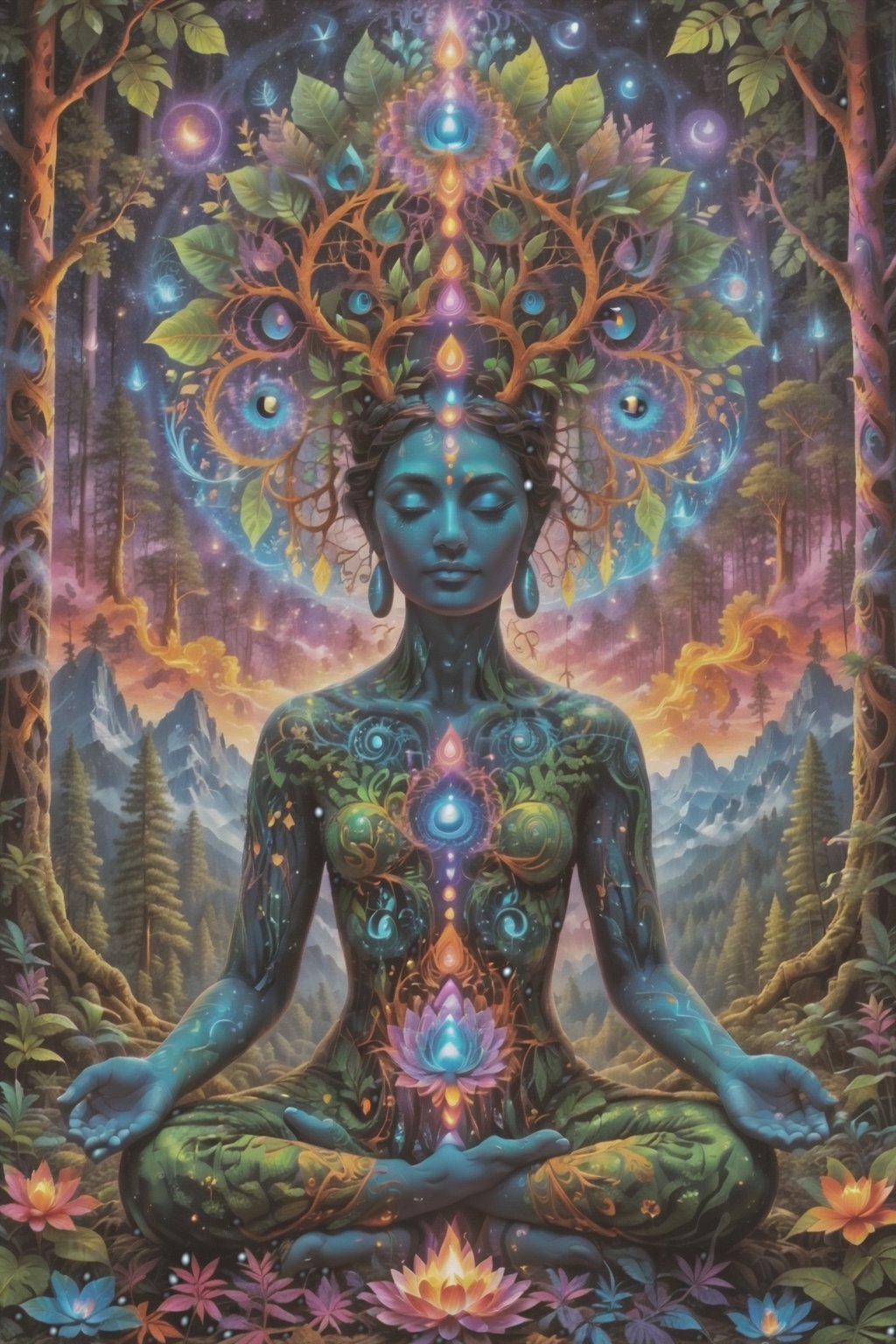 this person sits in a forest and transcends their ego mind and opens up to the spirit realm surrounding them. human in meditation, fractals, vivid color, 
"Visionary art is art that purports to transcend the physical world and portray a wider vision of awareness including spiritual or mystical themes, or is based in such experiences." , psychedelic visionary art ,animal spirits, ,spirits,spirit guides, , . Shamanic visions , ayahuasca visions . Spirit realm, metaphysical realm, esoteric,style, full body human,medium shot, perfect anatomy , psychedelic landscape surrounding the person , (masterpiece, best quality, ultra-detailed), (perfect hands, perfect anatomy), High detailed, detailed background, anatomically correct, beautiful face, detailed hands, perfect eyes, expressive eyes, score_9, score_8_up, score_7_up, best quality, masterpiece, 4k,visionary art,ULTIMATE LOGO MAKER [XL],bl4ckl1ghtxl