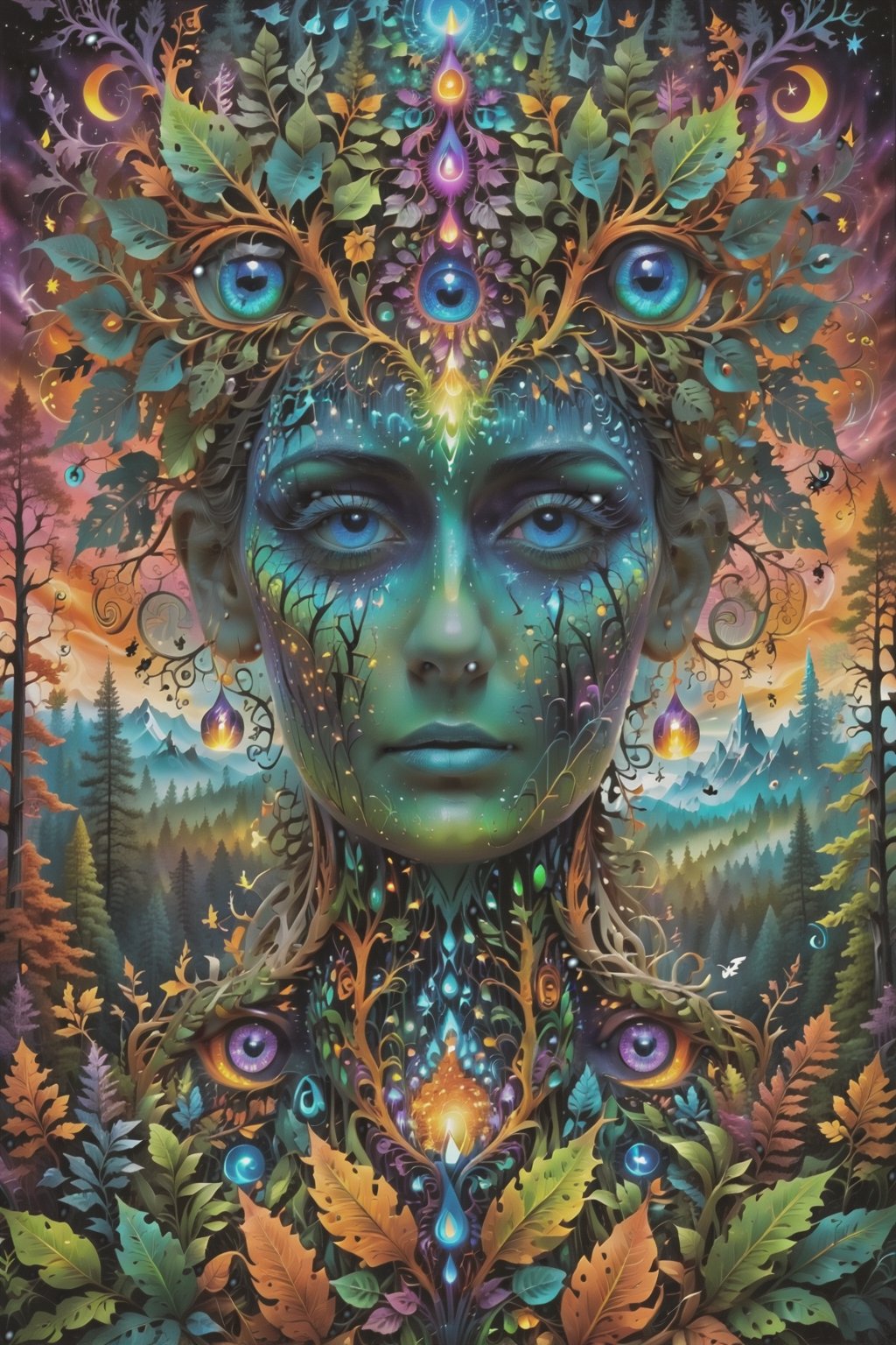 a forest of transcendence that opens up to the surroundings breaking down physical reality into the spirit realm . , fractals, vivid color, 
 . Spirit realm, metaphysical realm, esoteric,style , psychedelic landscape  , (masterpiece, best quality, ultra-detailed), (perfect hands, perfect anatomy), High detailed, detailed background, anatomically correct, beautiful face, detailed hands, perfect eyes, expressive eyes, score_9, score_8_up, score_7_up, best quality, masterpiece, 4k,visionary art,ULTIMATE LOGO MAKER [XL],bl4ckl1ghtxl,dd4ught3r,Halloween