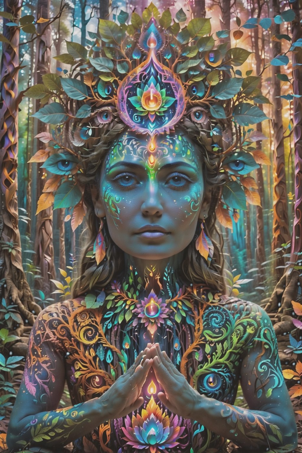 this person sits in a forest and transcends their ego mind and opens up to the spirit realm surrounding them. human in meditation, fractals, vivid color, 
"Visionary art is art that purports to transcend the physical world and portray a wider vision of awareness including spiritual or mystical themes, or is based in such experiences." , psychedelic visionary art ,animal spirits, ,spirits,spirit guides, , . Shamanic visions , ayahuasca visions . Spirit realm, metaphysical realm, esoteric,style, full body human,medium shot, perfect anatomy , psychedelic landscape surrounding the person , (masterpiece, best quality, ultra-detailed), (perfect hands, perfect anatomy), High detailed, detailed background, anatomically correct, beautiful face, detailed hands, perfect eyes, expressive eyes, score_9, score_8_up, score_7_up, best quality, masterpiece, 4k,visionary art,ULTIMATE LOGO MAKER [XL],bl4ckl1ghtxl