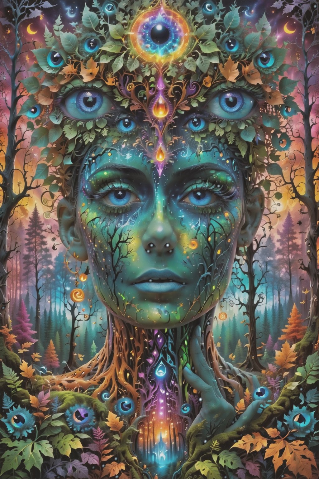 a forest of transcendence that opens up to the surroundings breaking down physical reality into the spirit realm . , fractals, vivid color, 
 . Spirit realm, metaphysical realm, esoteric,style , psychedelic landscape  , (masterpiece, best quality, ultra-detailed), (perfect hands, perfect anatomy), High detailed, detailed background, anatomically correct, beautiful face, detailed hands, perfect eyes, expressive eyes, score_9, score_8_up, score_7_up, best quality, masterpiece, 4k,visionary art,ULTIMATE LOGO MAKER [XL],bl4ckl1ghtxl,dd4ught3r,Halloween