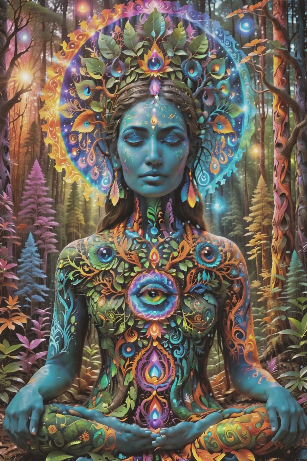 this person sits in a forest and transcends their ego mind and opens up to the spirit realm surrounding them. human in meditation, fractals, vivid color, 
"Visionary art is art that purports to transcend the physical world and portray a wider vision of awareness including spiritual or mystical themes, or is based in such experiences." , psychedelic visionary art ,animal spirits, ,spirits,spirit guides, , . Shamanic visions , ayahuasca visions . Spirit realm, metaphysical realm, esoteric,style, full body human,medium shot, perfect anatomy , psychedelic landscape surrounding the person , (masterpiece, best quality, ultra-detailed), (perfect hands, perfect anatomy), High detailed, detailed background, anatomically correct, beautiful face, detailed hands, perfect eyes, expressive eyes, score_9, score_8_up, score_7_up, best quality, masterpiece, 4k,visionary art,ULTIMATE LOGO MAKER [XL],bl4ckl1ghtxl