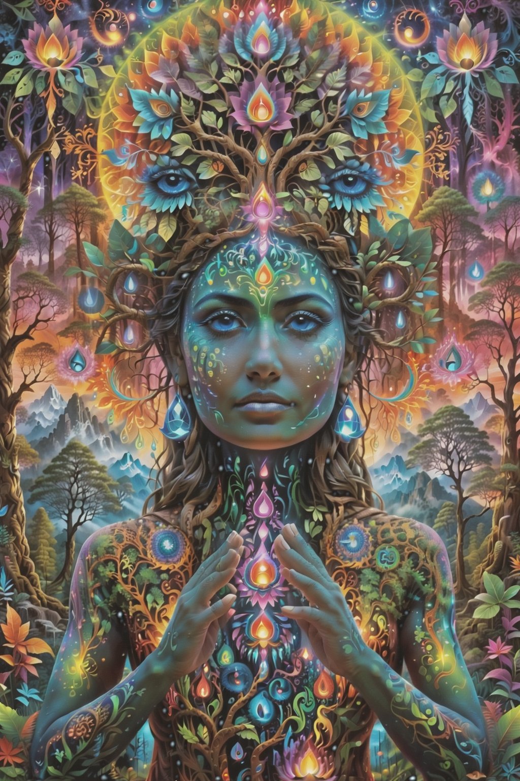 a forest of transcendence that opens up to the spirit realm surrounding breaking down physical reality into the spirit realm . human in meditation, fractals, vivid color, 
"Visionary art is art that purports to transcend the physical world and portray a wider vision of awareness including spiritual or mystical themes, or is based in such experiences." , psychedelic visionary art ,animal spirits, ,spirits,spirit guides, , . Shamanic visions , ayahuasca visions . Spirit realm, metaphysical realm, esoteric,style, full body human,medium shot, perfect anatomy , psychedelic landscape surrounding the person , (masterpiece, best quality, ultra-detailed), (perfect hands, perfect anatomy), High detailed, detailed background, anatomically correct, beautiful face, detailed hands, perfect eyes, expressive eyes, score_9, score_8_up, score_7_up, best quality, masterpiece, 4k,visionary art,ULTIMATE LOGO MAKER [XL],bl4ckl1ghtxl,dd4ught3r