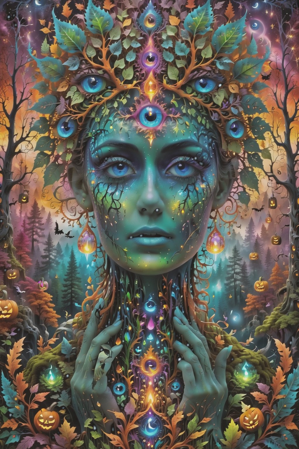 a forest of transcendence that opens up to the surroundings breaking down physical reality into the spirit realm . , fractals, vivid color, 
 . Spirit realm, metaphysical realm, esoteric,style , psychedelic landscape  , (masterpiece, best quality, ultra-detailed), (perfect hands, perfect anatomy), High detailed, detailed background, anatomically correct, beautiful face, detailed hands, perfect eyes, expressive eyes, score_9, score_8_up, score_7_up, best quality, masterpiece, 4k,visionary art,ULTIMATE LOGO MAKER [XL],bl4ckl1ghtxl,dd4ught3r,Halloween