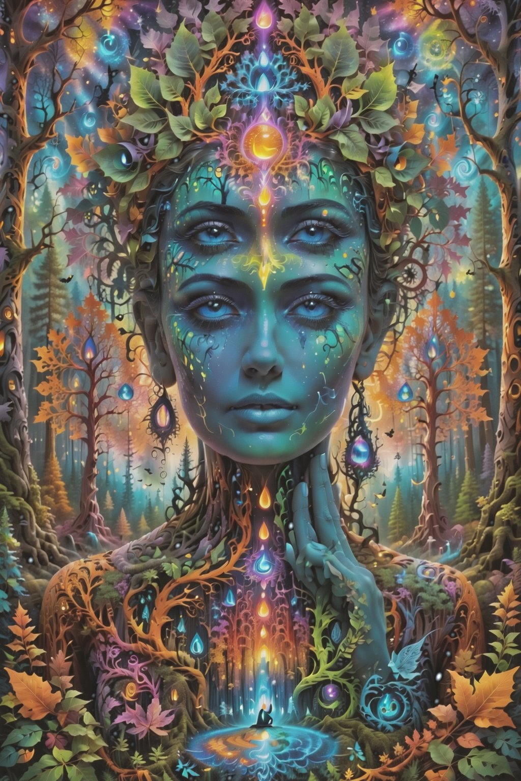 a forest of transcendence that opens up to the spirit realm surrounding breaking down physical reality into the spirit realm . human in meditation, fractals, vivid color, 
 . Spirit realm, metaphysical realm, esoteric,style , psychedelic landscape  , (masterpiece, best quality, ultra-detailed), (perfect hands, perfect anatomy), High detailed, detailed background, anatomically correct, beautiful face, detailed hands, perfect eyes, expressive eyes, score_9, score_8_up, score_7_up, best quality, masterpiece, 4k,visionary art,ULTIMATE LOGO MAKER [XL],bl4ckl1ghtxl,dd4ught3r,Halloween