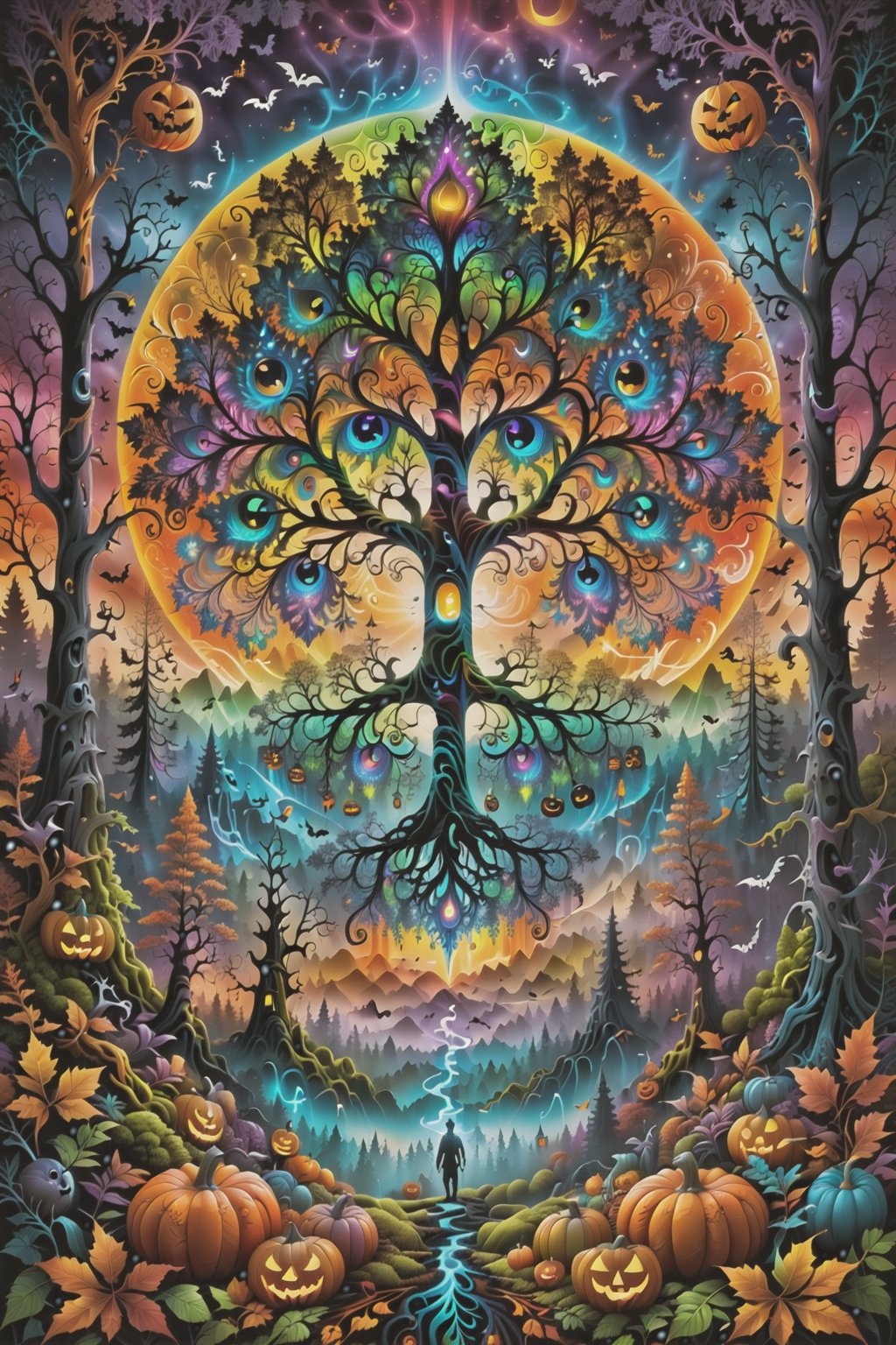 a forest of transcendence that opens up to the surroundings breaking down physical reality into the spirit realm . , fractals, vivid color, 
 . Spirit realm, metaphysical realm, esoteric,style , psychedelic landscape  , (masterpiece, best quality, ultra-detailed), (perfect hands, perfect anatomy), High detailed, detailed background, anatomically correct, , score_9, score_8_up, score_7_up, best quality, masterpiece, 4k,visionary art,ULTIMATE LOGO MAKER [XL],bl4ckl1ghtxl,dd4ught3r,Halloween