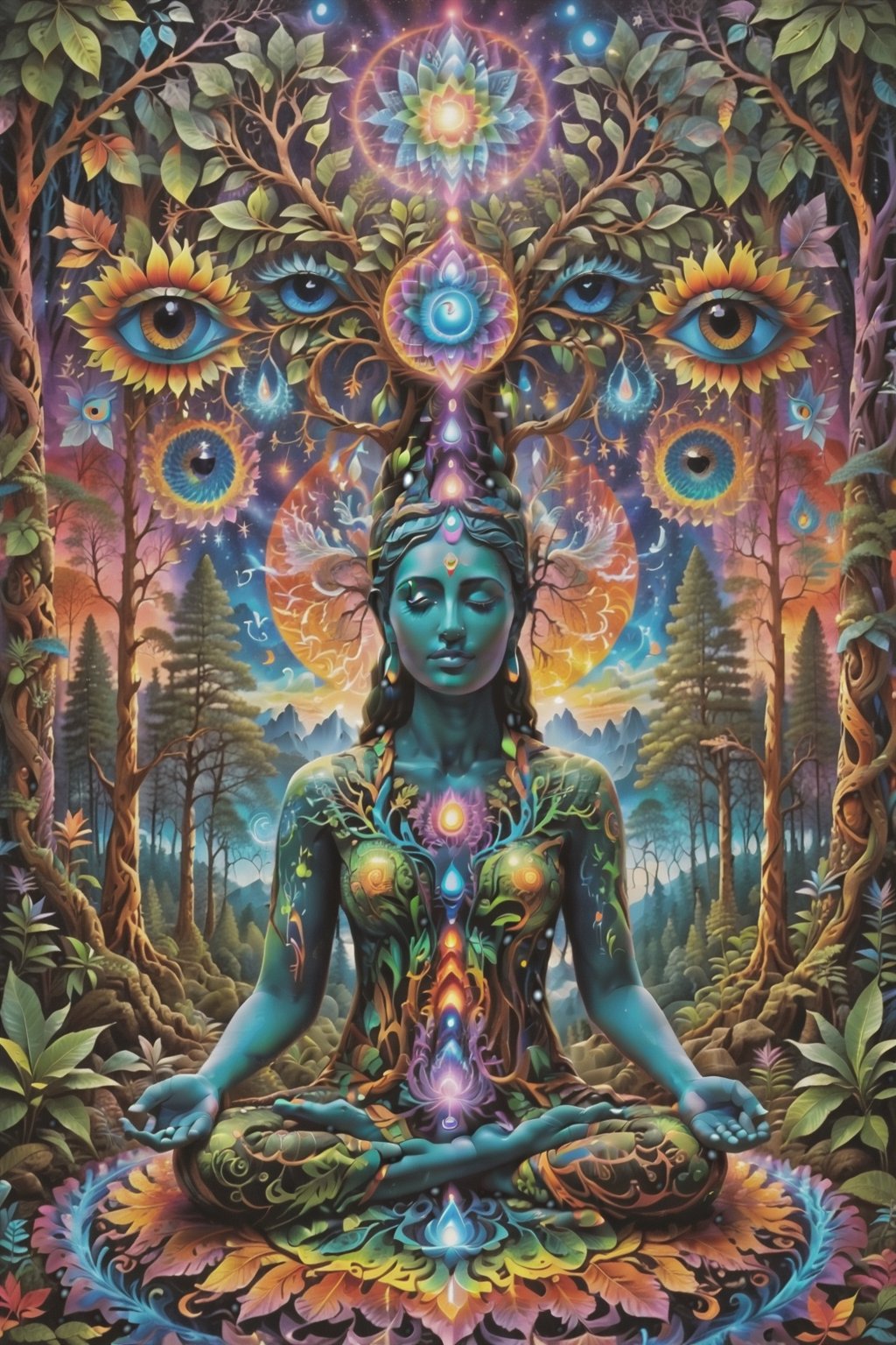 a forest of transcendence that opens up to the spirit realm surrounding breaking down physical reality into the spirit realm . human in meditation, fractals, vivid color, 
"Visionary art is art that purports to transcend the physical world and portray a wider vision of awareness including spiritual or mystical themes, or is based in such experiences." , psychedelic visionary art ,animal spirits, ,spirits,spirit guides, , . Shamanic visions , ayahuasca visions . Spirit realm, metaphysical realm, esoteric,style, full body human,medium shot, perfect anatomy , psychedelic landscape surrounding the person , (masterpiece, best quality, ultra-detailed), (perfect hands, perfect anatomy), High detailed, detailed background, anatomically correct, beautiful face, detailed hands, perfect eyes, expressive eyes, score_9, score_8_up, score_7_up, best quality, masterpiece, 4k,visionary art,ULTIMATE LOGO MAKER [XL],bl4ckl1ghtxl