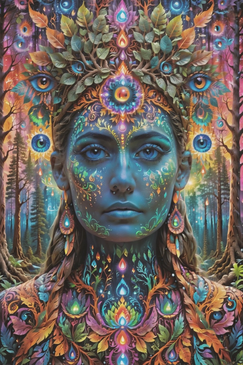 this person sits in a forest and transcends their ego mind and opens up to the spirit realm surrounding them. human in meditation, fractals, vivid color, 
"Visionary art is art that purports to transcend the physical world and portray a wider vision of awareness including spiritual or mystical themes, or is based in such experiences." , psychedelic visionary art ,animal spirits, ,spirits,spirit guides, , . Shamanic visions , ayahuasca visions . Spirit realm, metaphysical realm, esoteric,style, full body human,medium shot, perfect anatomy , psychedelic landscape surrounding the person , (masterpiece, best quality, ultra-detailed), (perfect hands, perfect anatomy), High detailed, detailed background, anatomically correct, beautiful face, detailed hands, perfect eyes, expressive eyes, score_9, score_8_up, score_7_up, best quality, masterpiece, 4k,visionary art,ULTIMATE LOGO MAKER [XL],bl4ckl1ghtxl