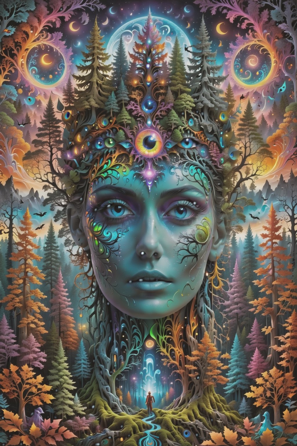 a forest of transcendence that opens up to the surroundings breaking down physical reality into the spirit realm . , fractals, vivid color, 
 . Spirit realm, metaphysical realm, esoteric,style , psychedelic landscape  , (masterpiece, best quality, ultra-detailed), (perfect hands, perfect anatomy), High detailed, detailed background, anatomically correct, beautiful face, detailed hands, perfect eyes, expressive eyes, score_9, score_8_up, score_7_up, best quality, masterpiece, 4k,visionary art,ULTIMATE LOGO MAKER [XL],bl4ckl1ghtxl,dd4ught3r,Halloween