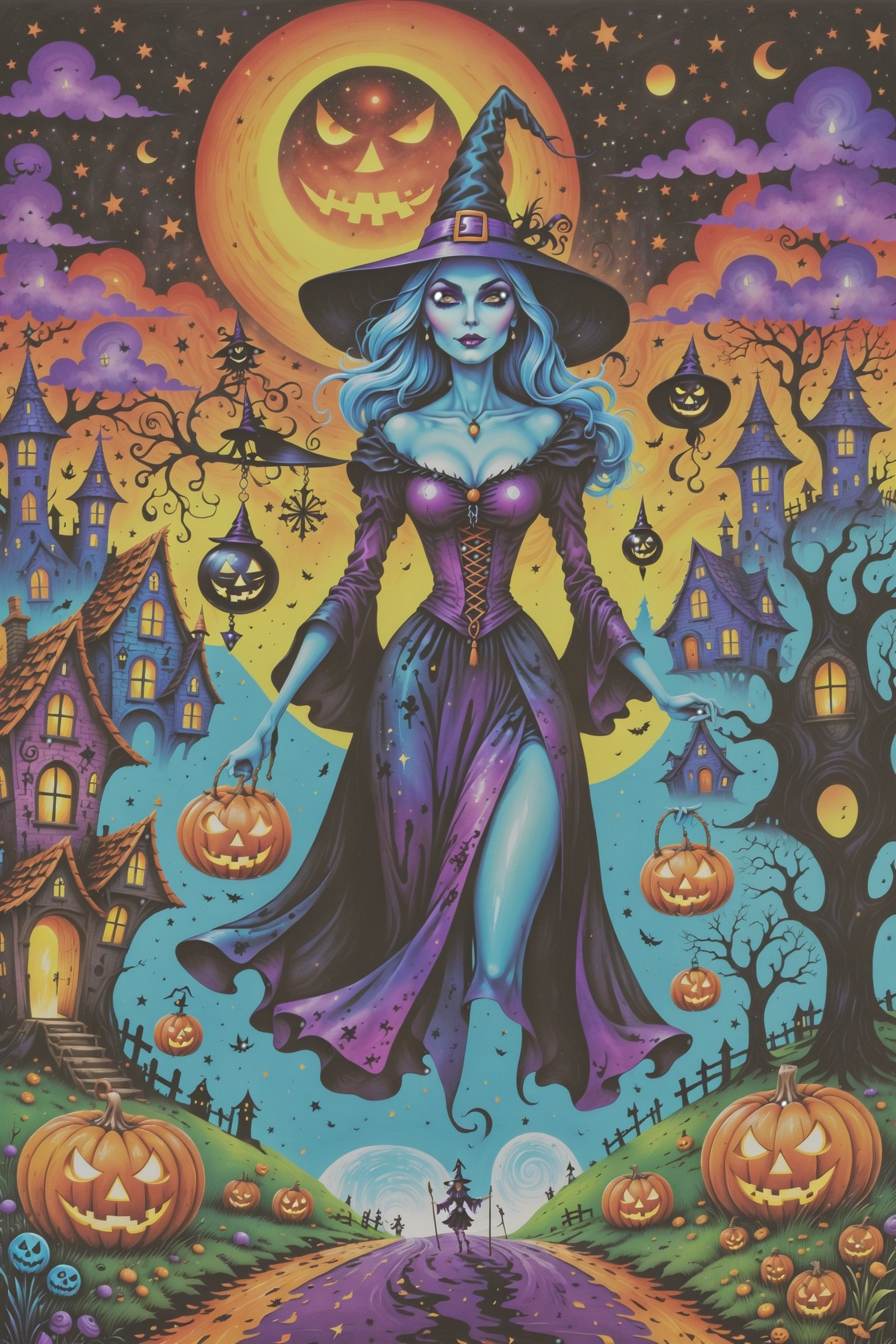 best scene ever created ,beautiful witch walks happily through a village as it celebrates Samhain , Halloweencore, max details, pen ink art style masterpiece illustration
 . Spirit realm, metaphysical realm, esoteric,style , psychedelic landscape  , (masterpiece, best quality, ultra-detailed),, High detailed, detailed background, anatomically correct, , score_9, score_8_up, score_7_up, best quality, masterpiece, 4k,visionary art,ULTIMATE LOGO MAKER [XL],bl4ckl1ghtxl,dd4ught3r,Halloween