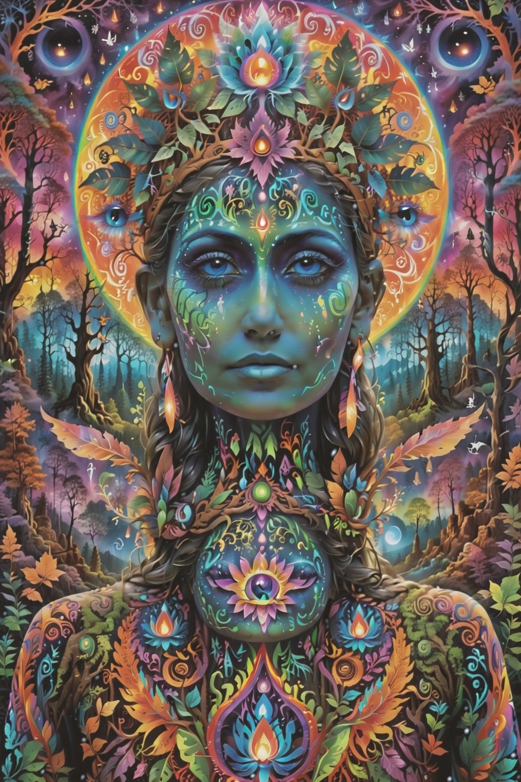 a forest of transcendence that opens up to the spirit realm surrounding breaking down physical reality into the spirit realm . human in meditation, fractals, vivid color, 
"Visionary art is art that purports to transcend the physical world and portray a wider vision of awareness including spiritual or mystical themes, or is based in such experiences." , psychedelic visionary art ,animal spirits, ,spirits,spirit guides, , . Shamanic visions , ayahuasca visions . Spirit realm, metaphysical realm, esoteric,style, full body human,medium shot, perfect anatomy , psychedelic landscape surrounding the person , (masterpiece, best quality, ultra-detailed), (perfect hands, perfect anatomy), High detailed, detailed background, anatomically correct, beautiful face, detailed hands, perfect eyes, expressive eyes, score_9, score_8_up, score_7_up, best quality, masterpiece, 4k,visionary art,ULTIMATE LOGO MAKER [XL],bl4ckl1ghtxl,dd4ught3r,halloween