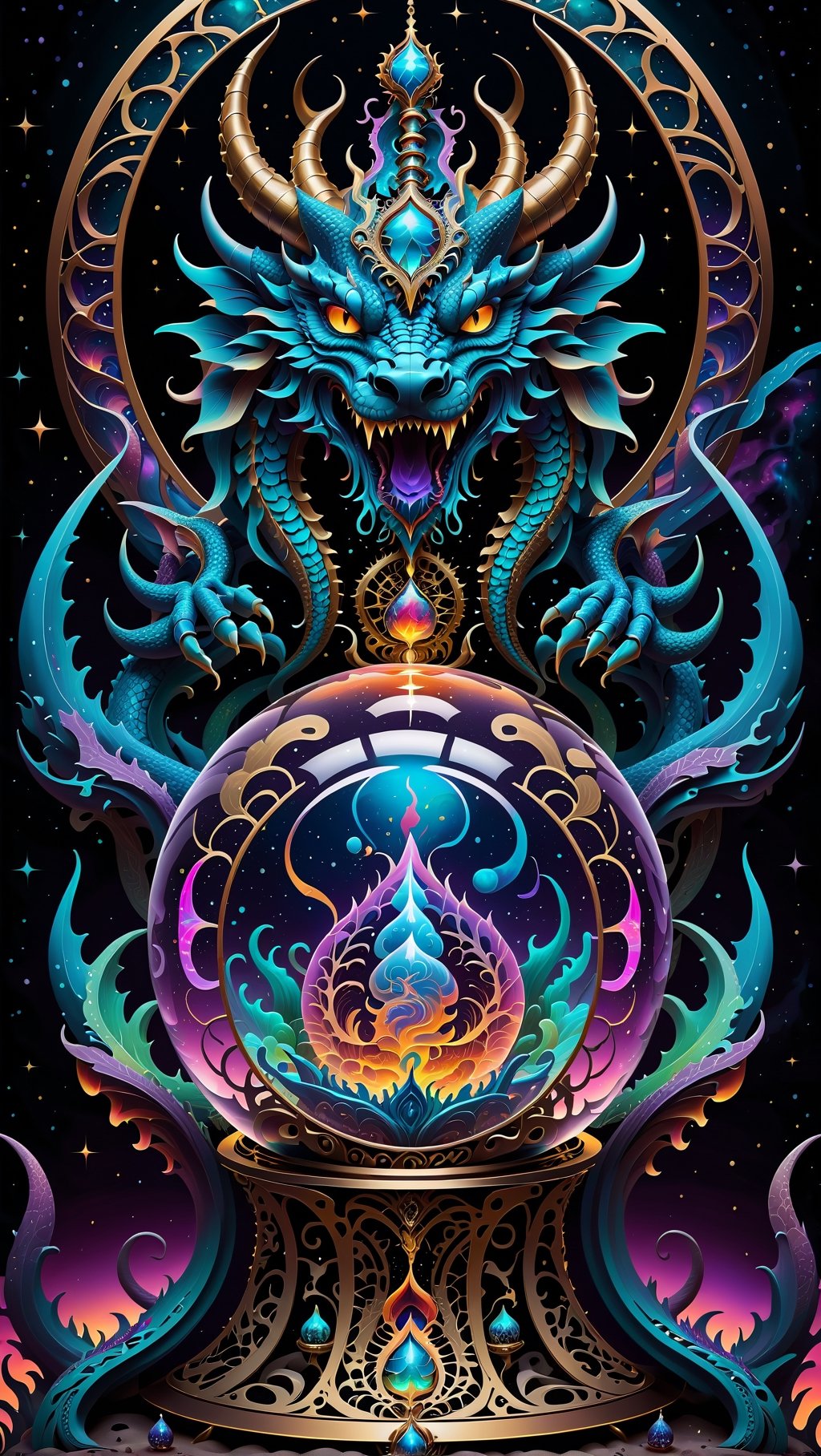 beautiful cosmic dragon that lives in skull of a god, chaos energy that forms a elegant hourglass and balanced scales,dragon , skulls,cosmic, nebulous soliloquy with psychatronic interface with god,transparent caustics,epic composition,universal energy, uv pastel colours, sacred geometry,, uv edges,neon, transparent background,elegant,  is centered with empty space as a boarder, high contrast, ultra detailed, not over complex, hour glass of the universe , scales to weigh souls , trippy, uv, neon. Hourglass of time and space with worlds that tells a story inside, uv highlights, ((psychedelic visionary art style))