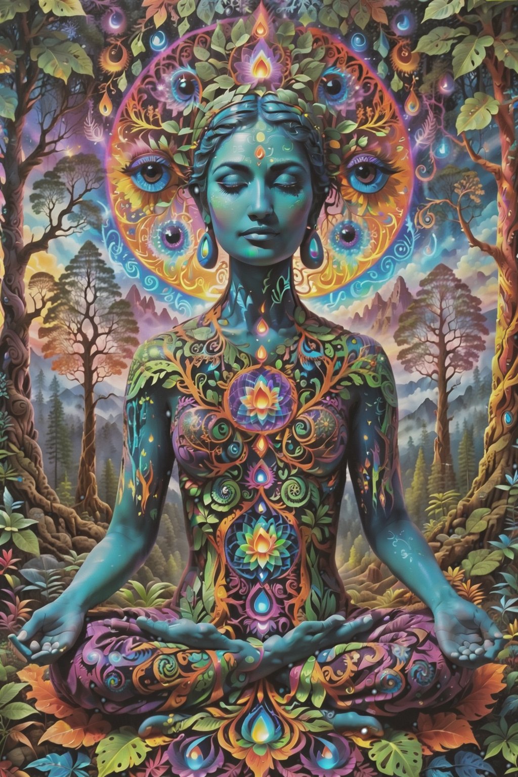 this person sits in a forest and transcends their ego mind and opens up to the spirit realm surrounding them. human in meditation, fractals, vivid color, 
"Visionary art is art that purports to transcend the physical world and portray a wider vision of awareness including spiritual or mystical themes, or is based in such experiences." , psychedelic visionary art ,animal spirits, ,spirits,spirit guides, , . Shamanic visions , ayahuasca visions . Spirit realm, metaphysical realm, esoteric,style, full body human,medium shot, perfect anatomy , psychedelic landscape surrounding the person , (masterpiece, best quality, ultra-detailed), (perfect hands, perfect anatomy), High detailed, detailed background, anatomically correct, beautiful face, detailed hands, perfect eyes, expressive eyes, score_9, score_8_up, score_7_up, best quality, masterpiece, 4k,visionary art,ULTIMATE LOGO MAKER [XL],bl4ckl1ghtxl