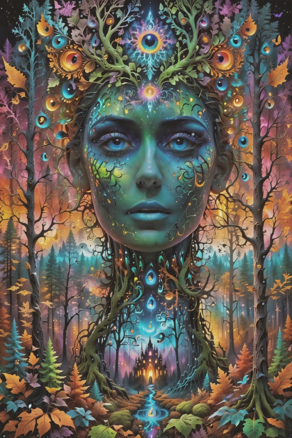 a forest of transcendence that opens up to the surroundings breaking down physical reality into the spirit realm . , fractals, vivid color, 
 . Spirit realm, metaphysical realm, esoteric,style , psychedelic landscape  , (masterpiece, best quality, ultra-detailed), (perfect hands, perfect anatomy), High detailed, detailed background, anatomically correct, beautiful face, detailed hands, perfect eyes, expressive eyes, score_9, score_8_up, score_7_up, best quality, masterpiece, 4k,visionary art,ULTIMATE LOGO MAKER [XL],bl4ckl1ghtxl,dd4ught3r,Halloween