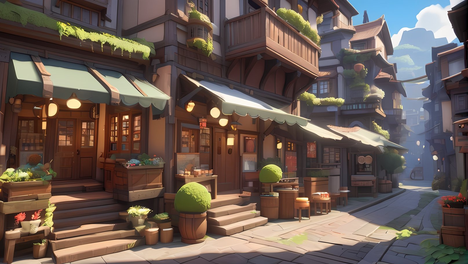 best quality, masterpiece, highres, Ghibli, cartoon style, sfw, Game Scene Mood Map, Unreal Engine, Toon Rendering, city, ink scenery,Shopping Street,avatar cute,3d style