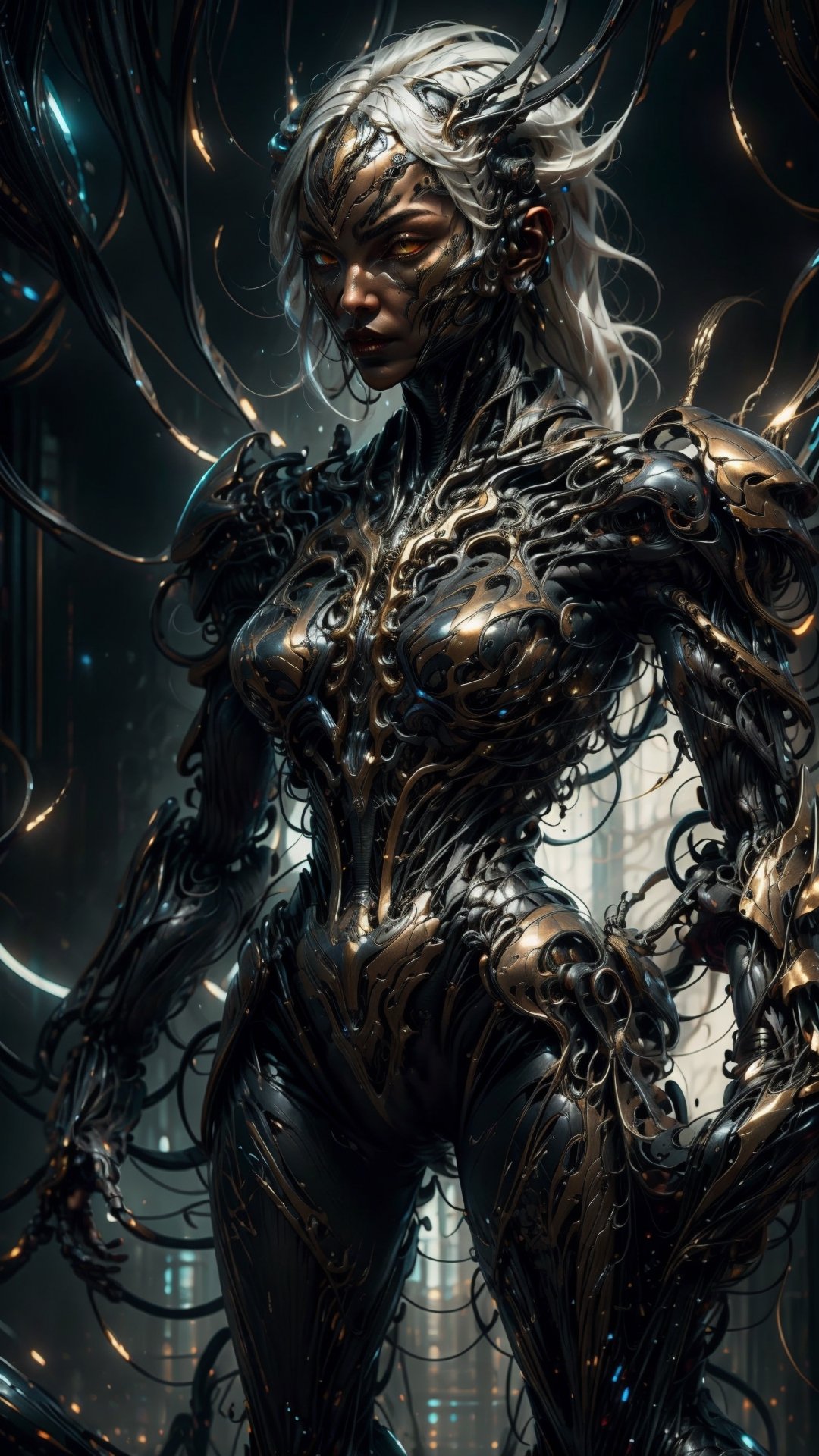 Title: "Futuristic Fusion: The Convergence of AI and Organics"
Character Description:
•	Create a highly detailed full body depiction of a caucasian female wearing a skintight biomech exo suit, made from a fusion of black coloured metals and organic materials.
•	She should be shown entirely in full body view within frame.
•	Her face has a menacing and ominous expression, adorned with a subtle smirk, and furrowed eyebrows to accentuate the ominous allure.
•	She has orange_eyes, bearing a distinct circuitry like appearance.
•	Create a visage that seamlessly melds human and mechanical features, embodying a hybrid identity.
•	Depict her long, snowy tresses (referred to as white_hair) gently tousled by the breeze.
•	Extend her arms slightly away from her body, emphasizing her commanding presence and control over her surroundings.
•	Equip her with a longsword in each hand, each blade exuding a menacing and formidable quality with a mechanical aesthetic.
•	Showcase her inside of a robotics laboratory with large cables connecting her to computers.
High detailed, symbiote, industrial aesthetic, WARFRAME,