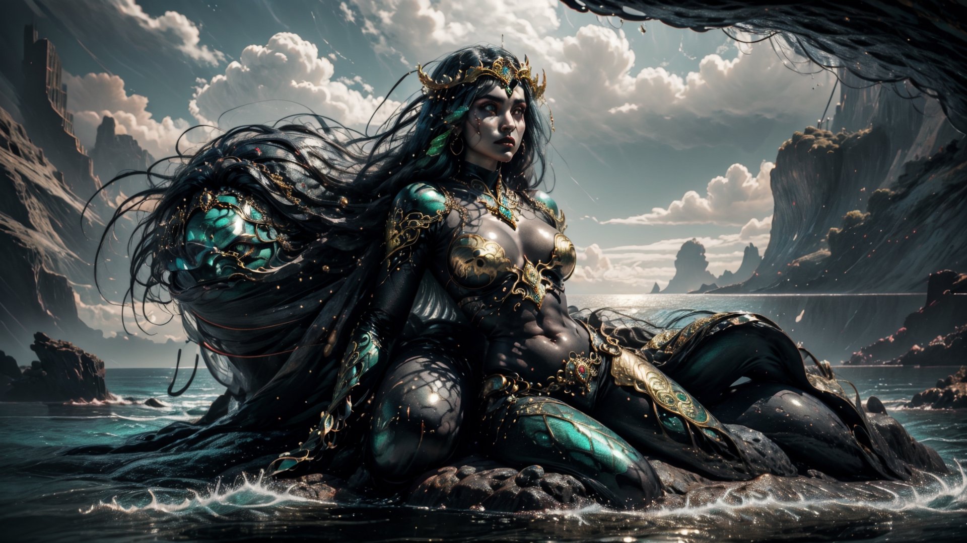 Title: Enigmatic Female Sea Creature.
Character Description:
-	Create a highly detailed and photorealistic full body depiction of an anthropomorphic female, blending attributes from a mythological kraken adorned in intricate tentacle-like appendages that cover her back, waist, legs, and head.
-	She has a menacing and foreboding facial expression with a smirk upon her lips, hinting at a hidden agenda or malevolence.
-	Her eyes are green (green_eyes, perfecteyes) that radiate a presence of evil in them.
-	Slightly furrow her eyebrows to intensify a menacing shape.
-	Her face should be adorned with an intricately designed full head piece made of sharp protruding bone and coral.
-	Hair should be, long, black (black_hair) and affected by the breeze.
-	Her arms are slightly extended away from the body, emphasizing dominance and control of her surroundings.
-	She should be represented in a full body frontal view.
-	In each hand she holds a long sword.
-	Surround her with an expansive and serene ocean, depicting the ocean's surface with subtle ripples and waves to convey its vastness.
-	The character should be sitting on top of a jagged rocky formation jutting out of the ocean's surface.
-	The swords in each hand and attire should appear menacing and formidable,
Adorn them with golden ornate embroidered metal that’s enhanced using (metallic, chrome) while also incorporating intricate designs that align with her character's aesthetic, fusing deep sea and mythical themed elements.