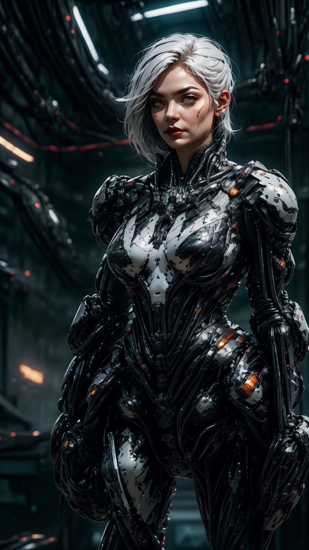 Title: "Futuristic Fusion: The Convergence of AI and Organics"
Character Description:
• Create a highly detailed full body portrayal of a, sole_female, wearing a skintight biomech exo suit, made from a fusion of dark metallic metals, carbon fibres, and bio fluid materials.
• She should be shown entirely in full body view within frame.
• Her face has a menacing and ominous expression, adorned with a subtle smirk, and furrowed eyebrows to accentuate the ominous allure.
• She has highly detailed, orange_eyes.
• Create a visage that seamlessly melds human and mechanical features, embodying a hybrid identity.
• Depict her long, snowy tresses (referred to as white_hair) gently tousled by the breeze.
• Position her arms slightly away from her torso, emphasizing a commanding presence and control over her surroundings.
• Show her inside of a large cybernetics’ laboratory.
High detailed, symbiote, sci-fi, industrial, mecha, urban techwear, softshading, realistic, chromatic_aberration, highres, hd, rtx,