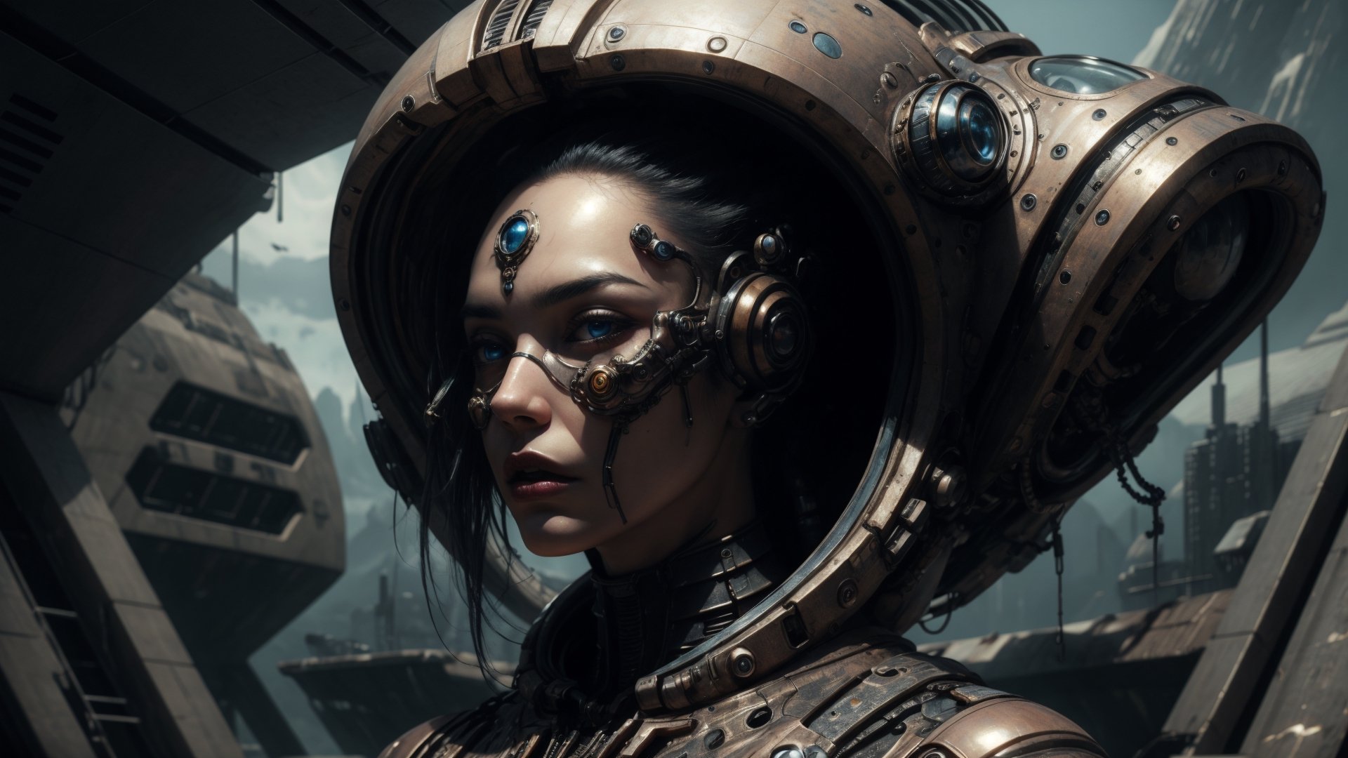 Title: Detailed Cyberpunk-Steampunk Fusion Portrait Request with Alien Landscape

Description:
Generate a detailed digital illustration featuring a young woman with specific characteristics set in a cyberpunk-steampunk fusion environment with an alien aesthetic.

Request Details:
- Subject: Illustrate a young woman with black hair and blue eyes.
- Setting: Create a cyberpunk-steampunk fusion backdrop with a distinctly alien appearance.
- Pose: Depict her in a dynamic, full-body adventure pose.
- Attire: Clothe her in an astronaut suit.
- Background: Design the background with surreal alien structures and an otherworldly landscape.
- Expression: Show her with a surprised expression.
- Style: Apply high contrast and soft shading to enhance the visual appeal.

Please place particular emphasis on making the environment look genuinely alien, with unique and imaginative alien elements. The final artwork should be of high quality, highlighting intricate details and artistry while immersing the viewer in this captivating and otherworldly fusion.

