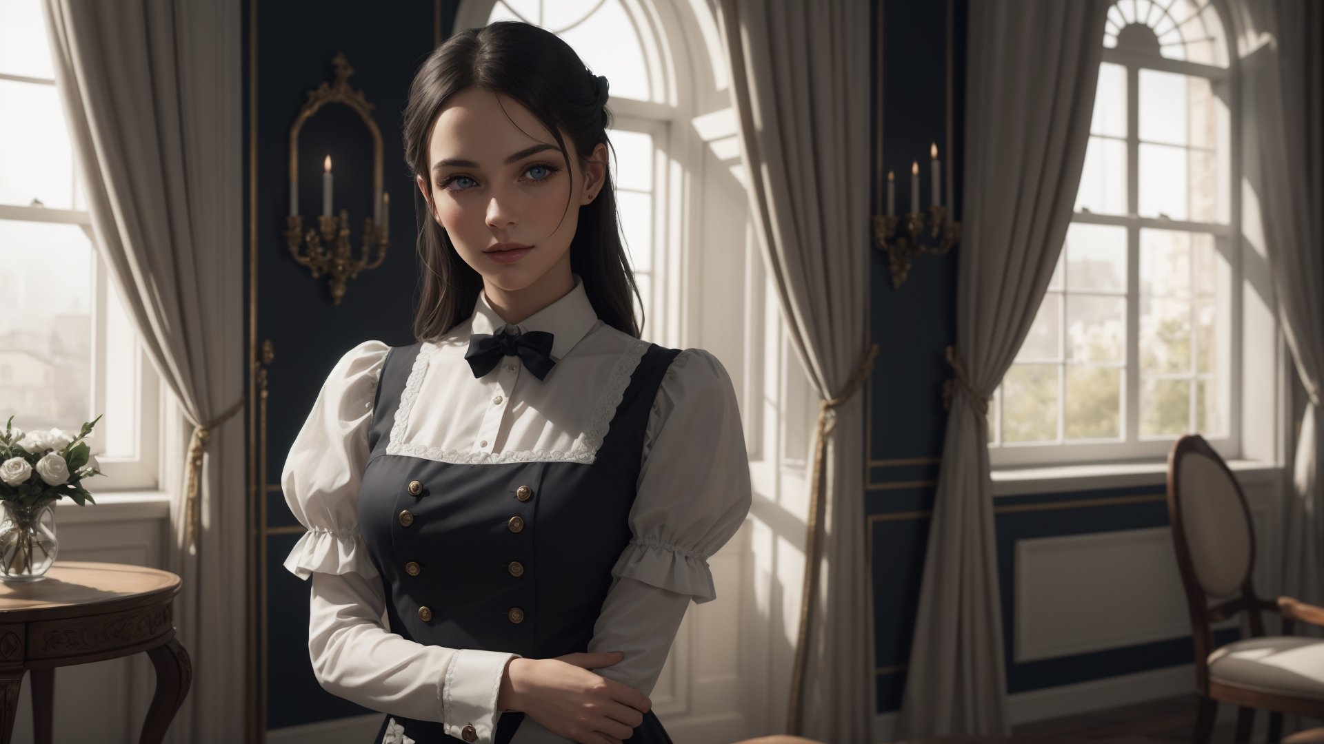 Generate a high-quality, intricate illustration of a British maid in a mansion scene. She should be portrayed in a full-body shot, wearing a maid uniform. The character should have black hair, blue eyes with a realistic quality, and make eye contact with a sultry pose. The expression should convey innocence. Please emphasize the details in the eyes. The overall artwork should have a contrast that enhances the mood. Limit the scene to include only one female character.