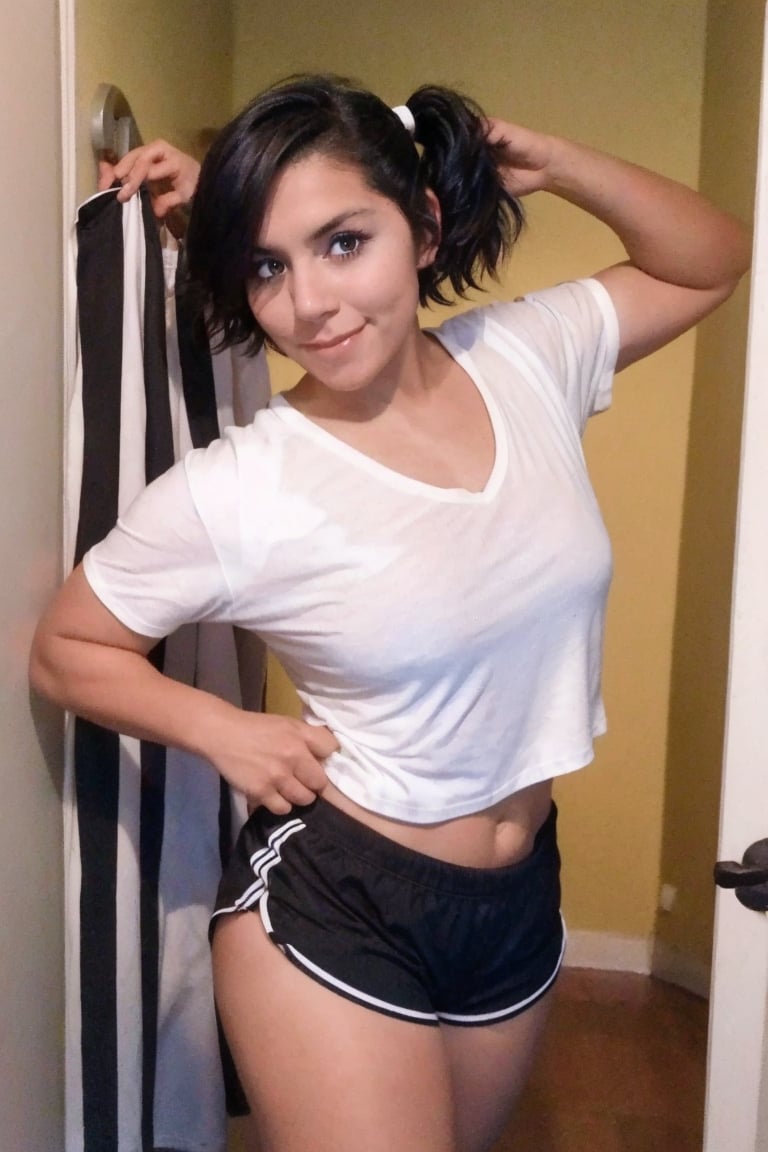 Female, 21 years old, dancing, , , , short hair, videl1, twintails, white t-shirt, black sports shorts,1gir,Cameron