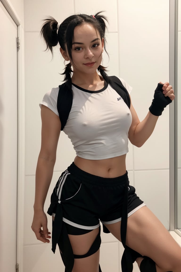 Female, 21 years old, dancing, , , , short hair, videl1, twintails, white t-shirt, black sports shorts