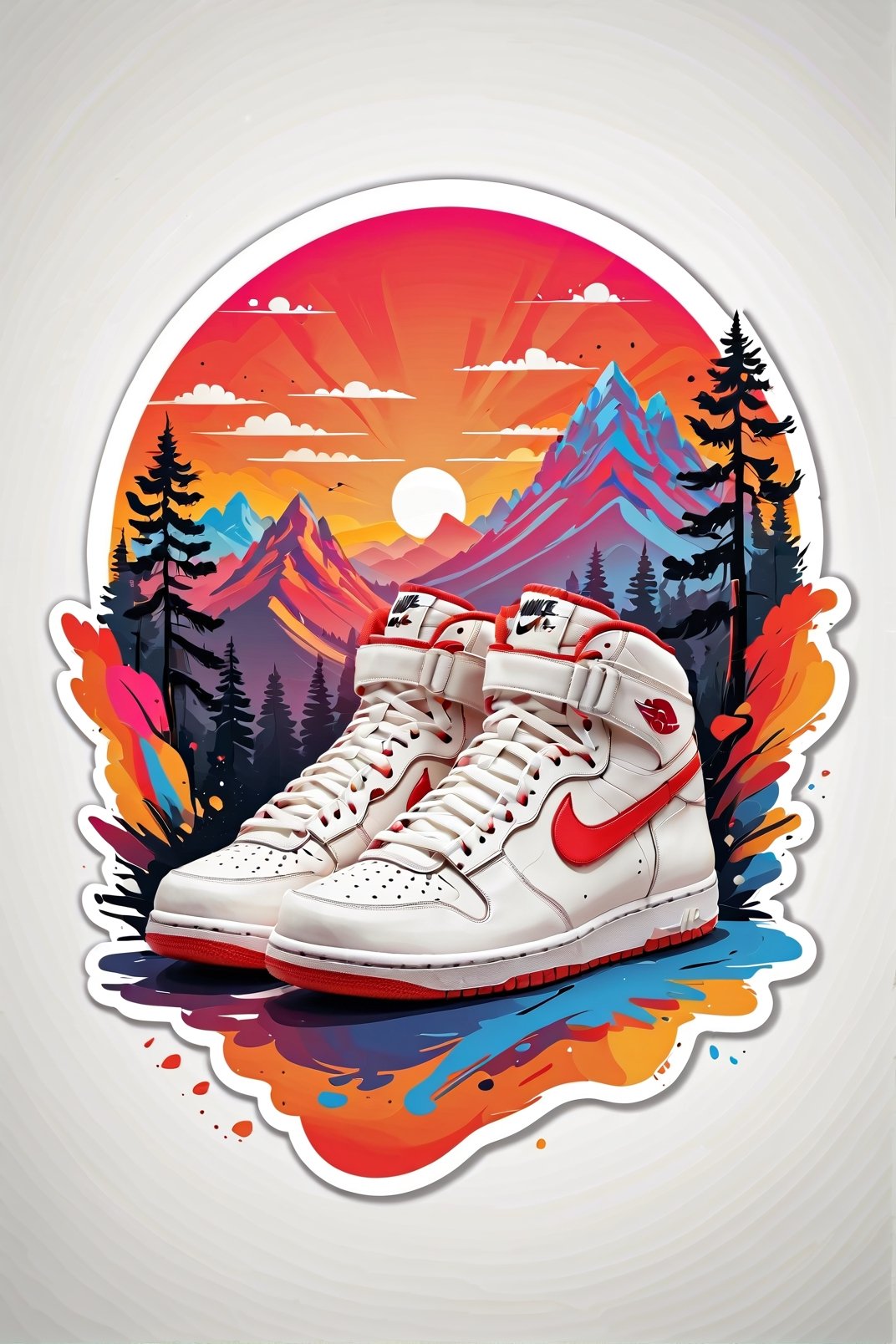 Logo business white clean background , black and red nike sneakers 4 in a mountain style, pro vector, high detail, t-shirt design, grafitti, vibrant, t-shirt less, best quality, wallpaper art, UHD, centered image, MSchiffer art, ((flat colors)), (cel-shading style) very bold neon colors, ((high saturation)) ink lines, clean white background environment

