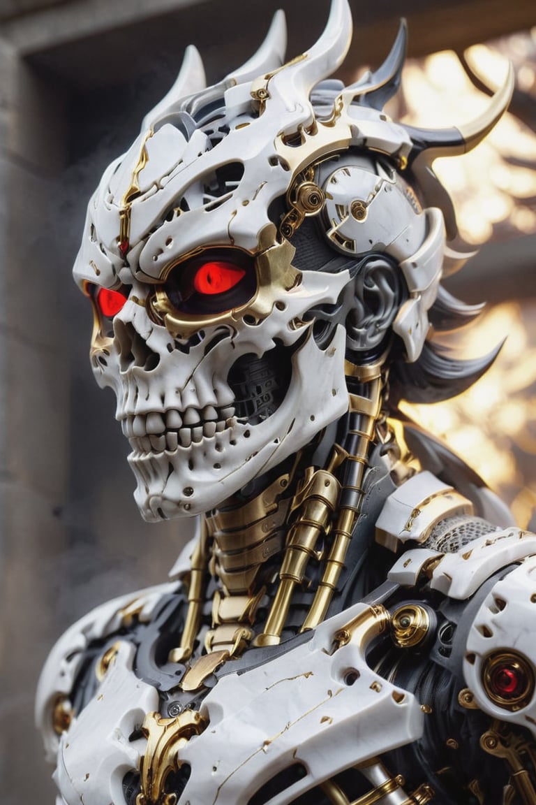 closeup of an ultra detailed marble and gold sculpture of a necromancer mecha (skeleton face, skeleton body), volumetric fog, hyperrealism, stunning, ultra realistic, ultra detailed, cyber background, cinematic lighting, highly detailed, stunning, photography , stunning environment, wide angle ,DonMB4nsh33XL ,GVA suit of armor,masprodeva1, red eyes,CharcoalDarkStyle,1dragon