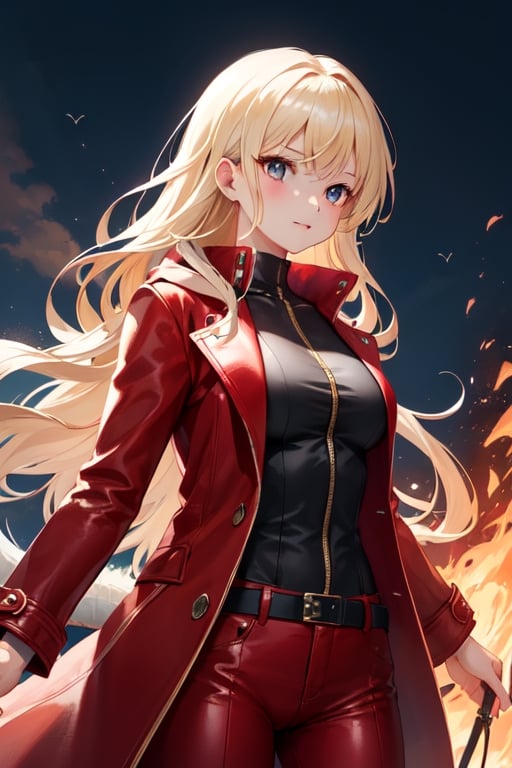 A beautiful girl with a mysterious light that illuminates the darkest night. Wearing a red leather suit and a long red coat, she holds the power of fire and is the strongest magician, accompanied by the strongest dragon.