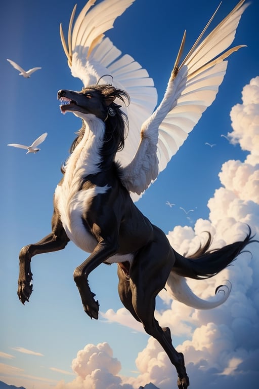 (masterpiece)), (best quality), (((16K, UHD))), a mythical creature with the appearance of a black-headed hound,((whole body covered with white fur)),(flying in blue sky with set of wings)